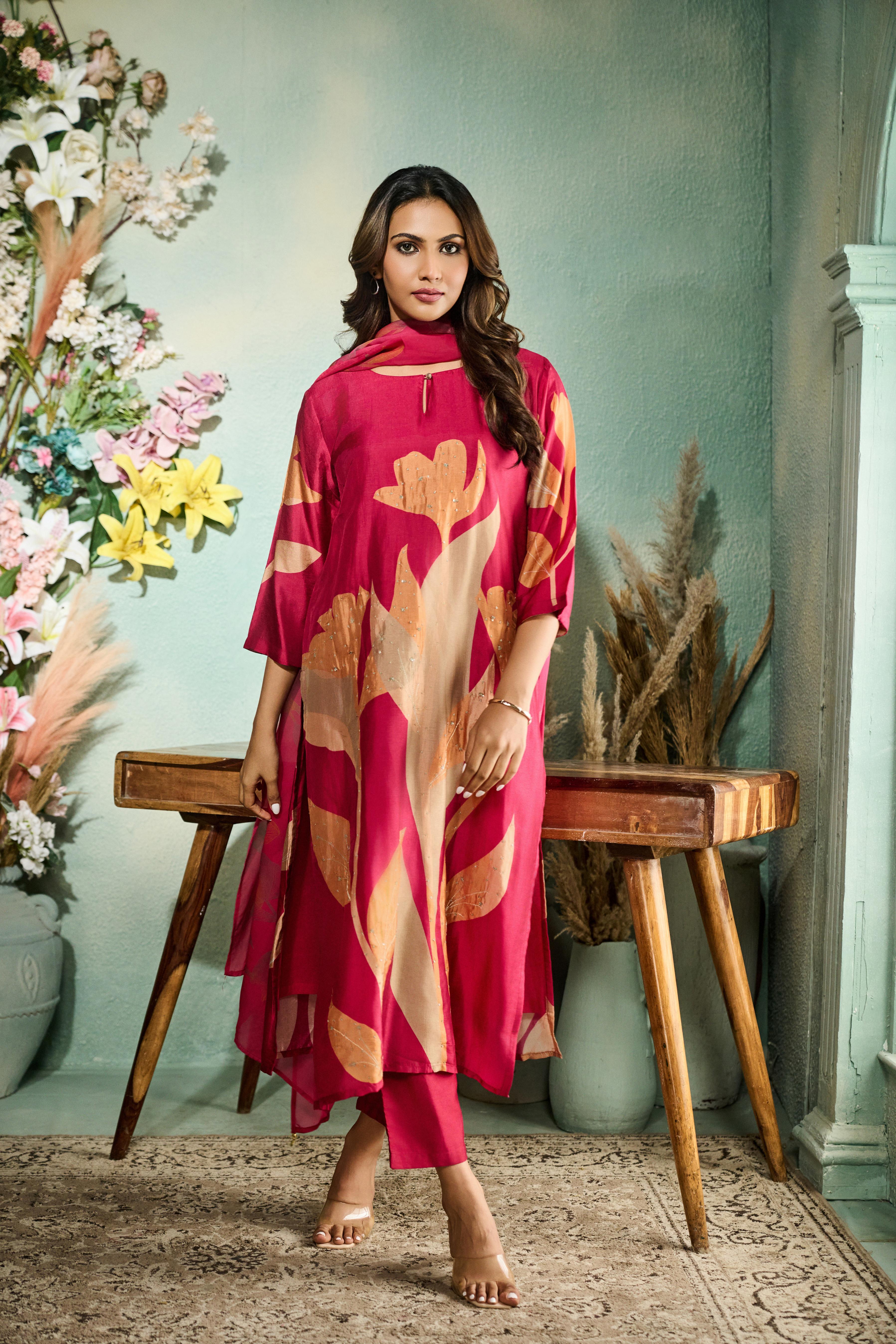 Rani Pink Printed Muslin Silk Pant Set