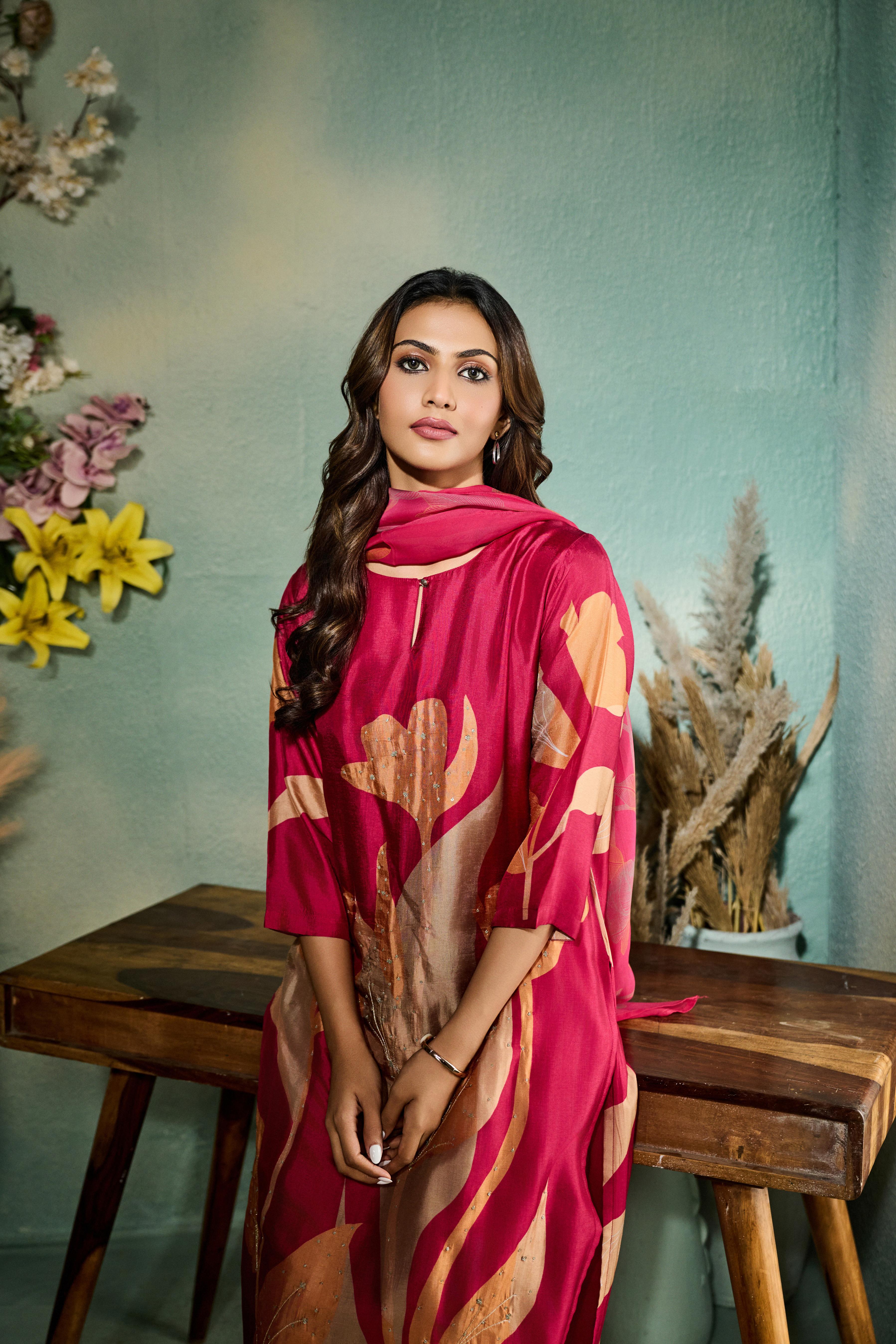 Rani Pink Printed Muslin Silk Pant Set