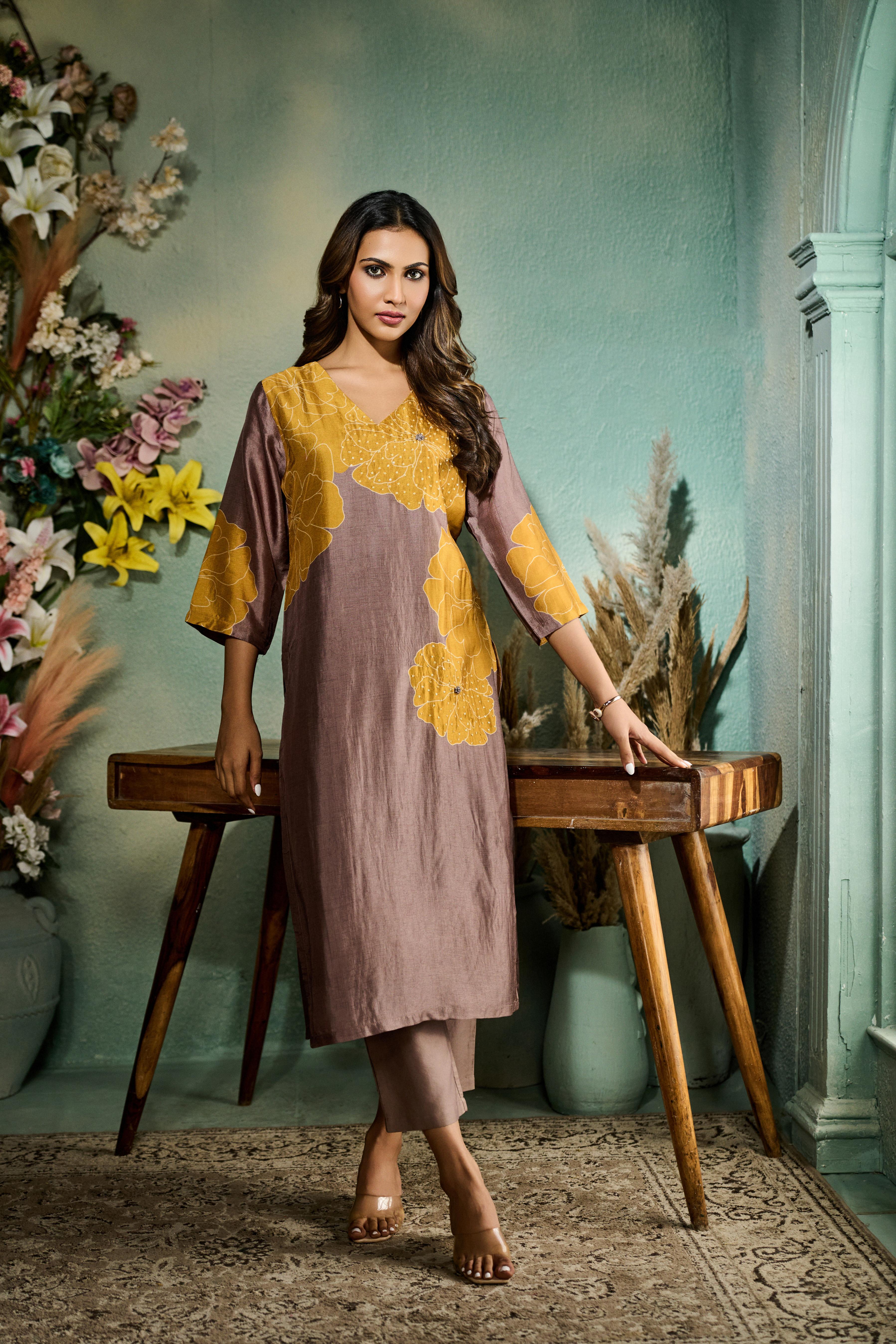 Mauve-Brown Printed Muslin Silk Kurta Set