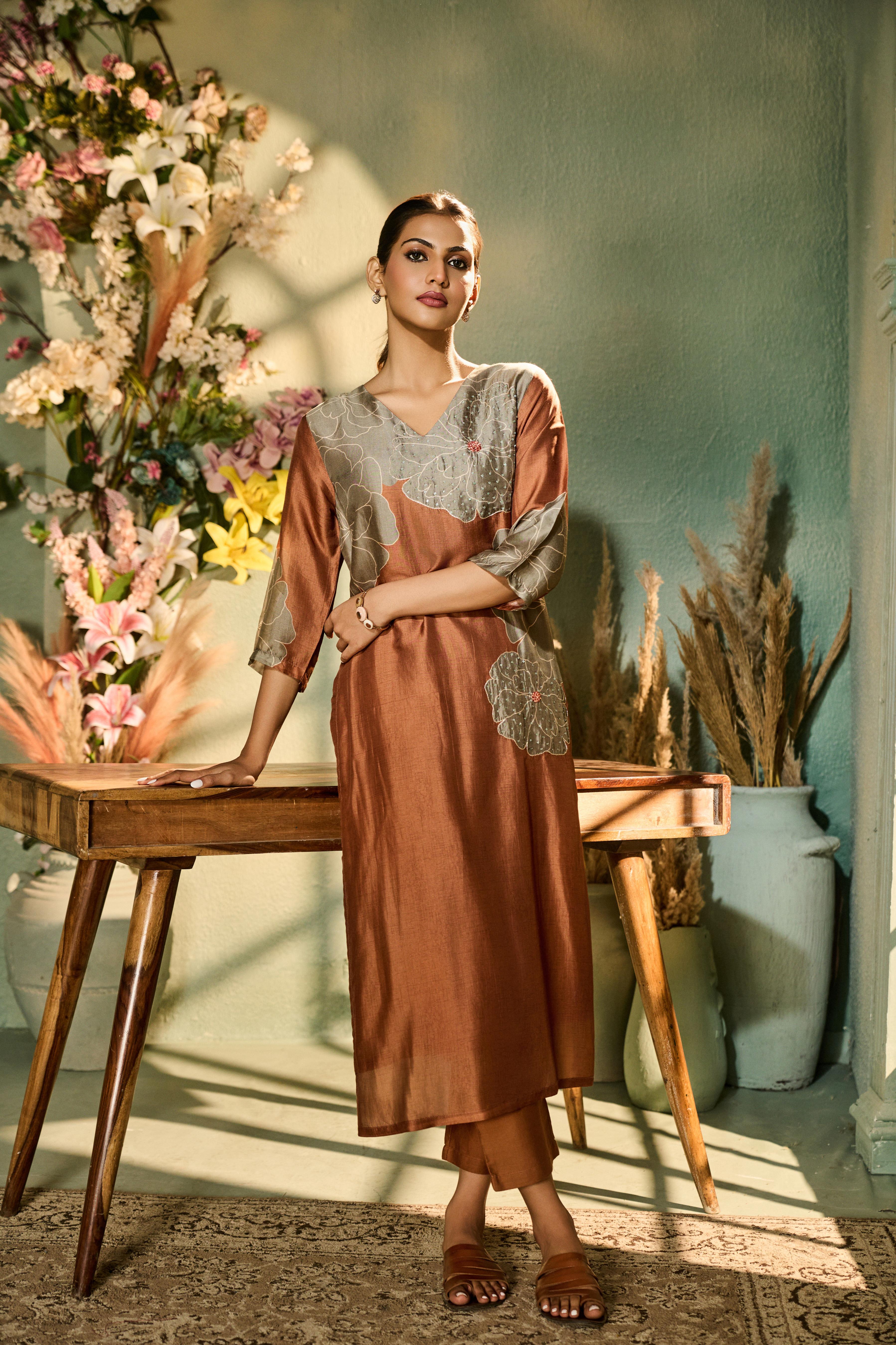 Burnt Orange Printed Muslin Silk Kurta Set