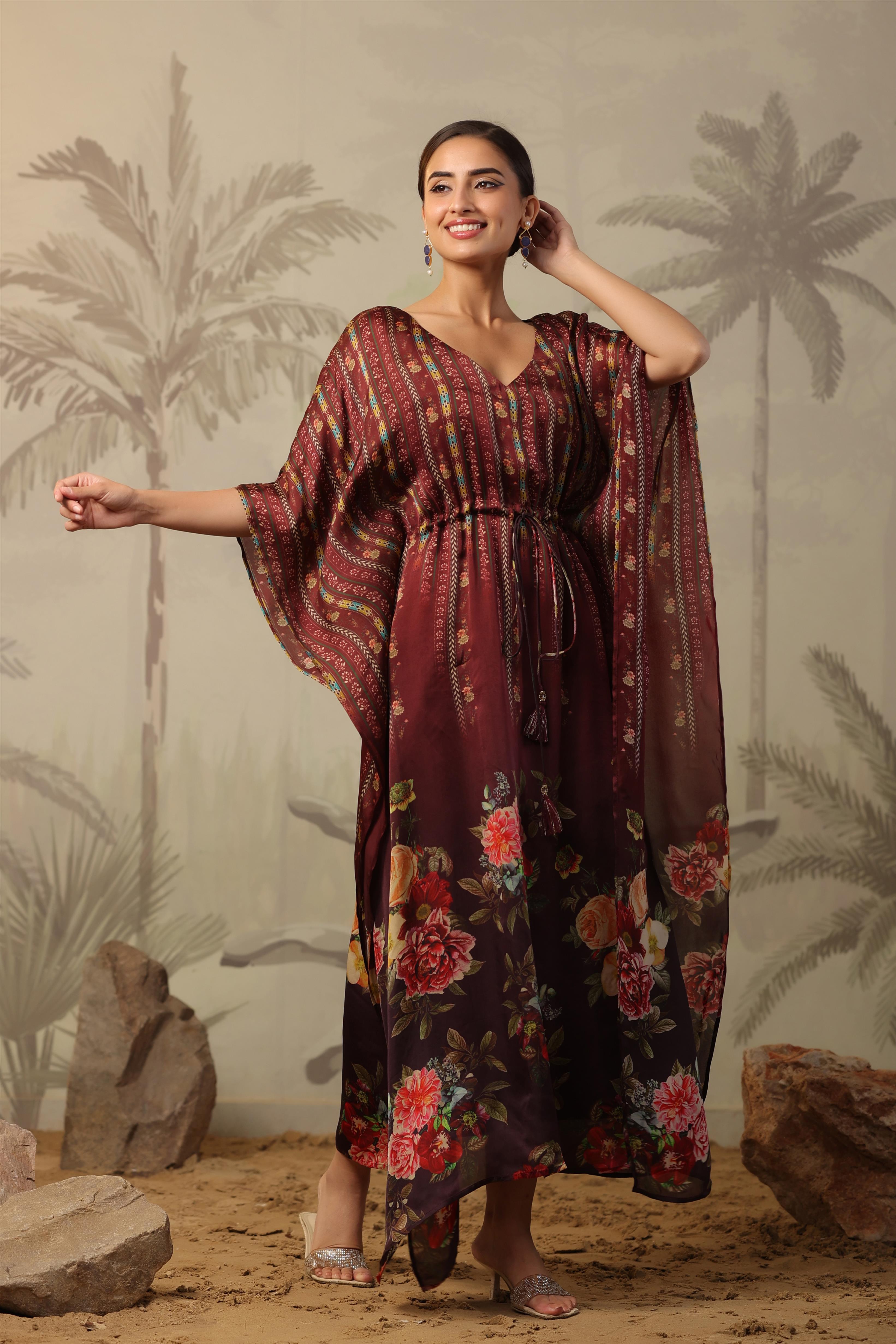 Maroon Floral Printed Satin Silk Asymmetrical Kaftan