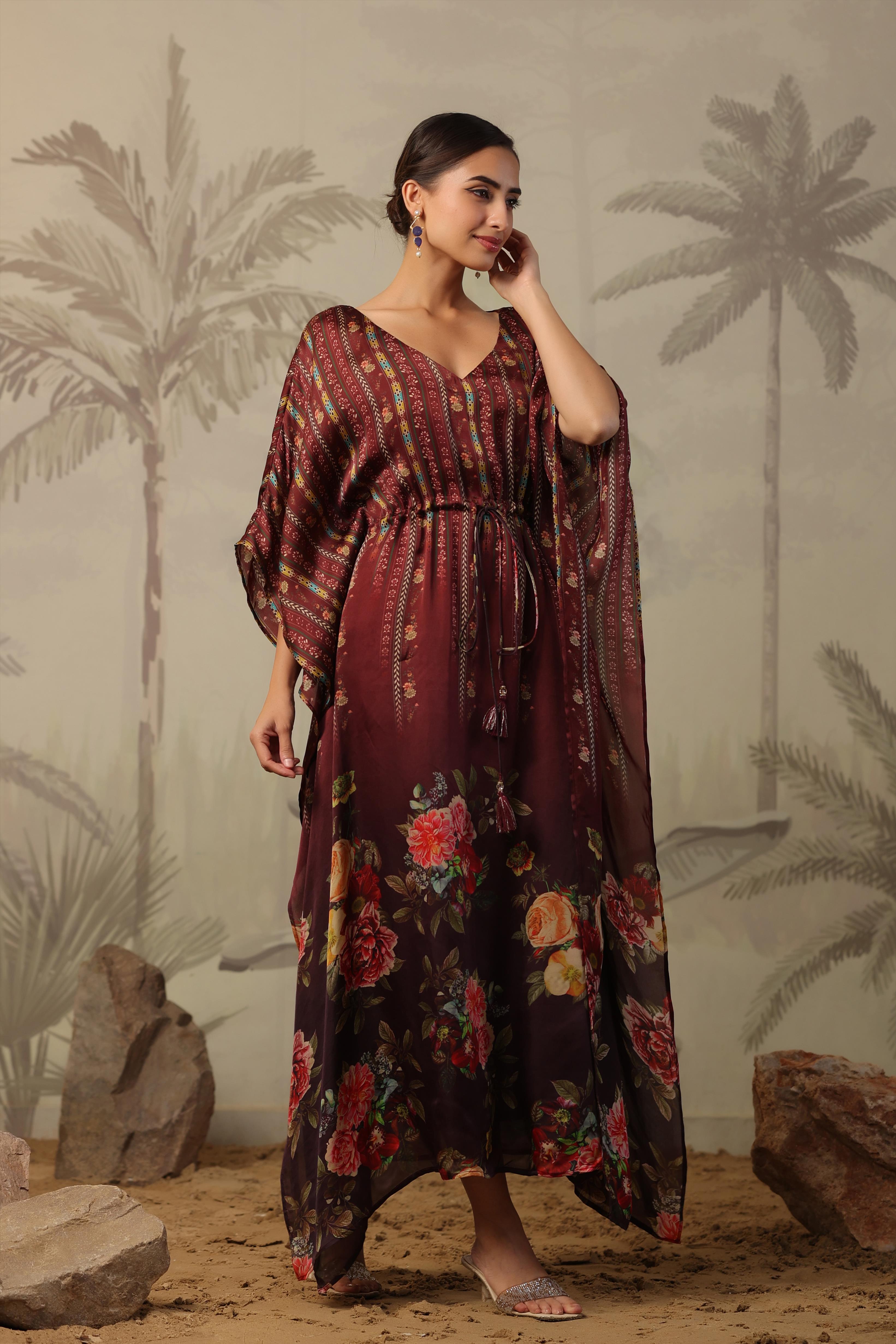 Maroon Floral Printed Satin Silk Asymmetrical Kaftan