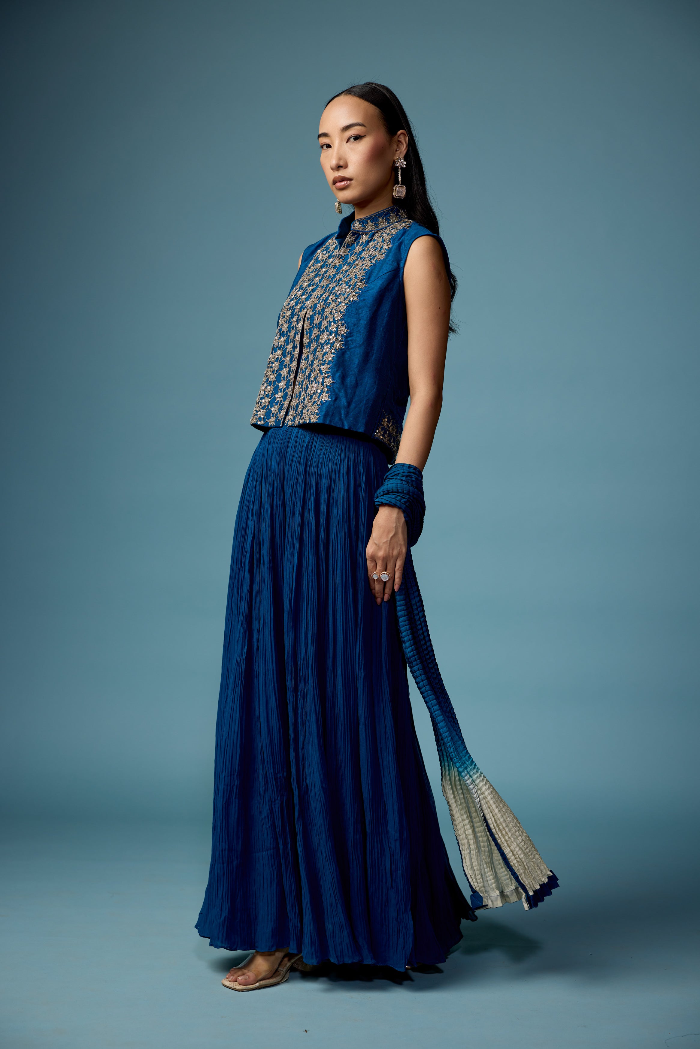 Teal Blue Embellished Georgette Silk Palazzo Set