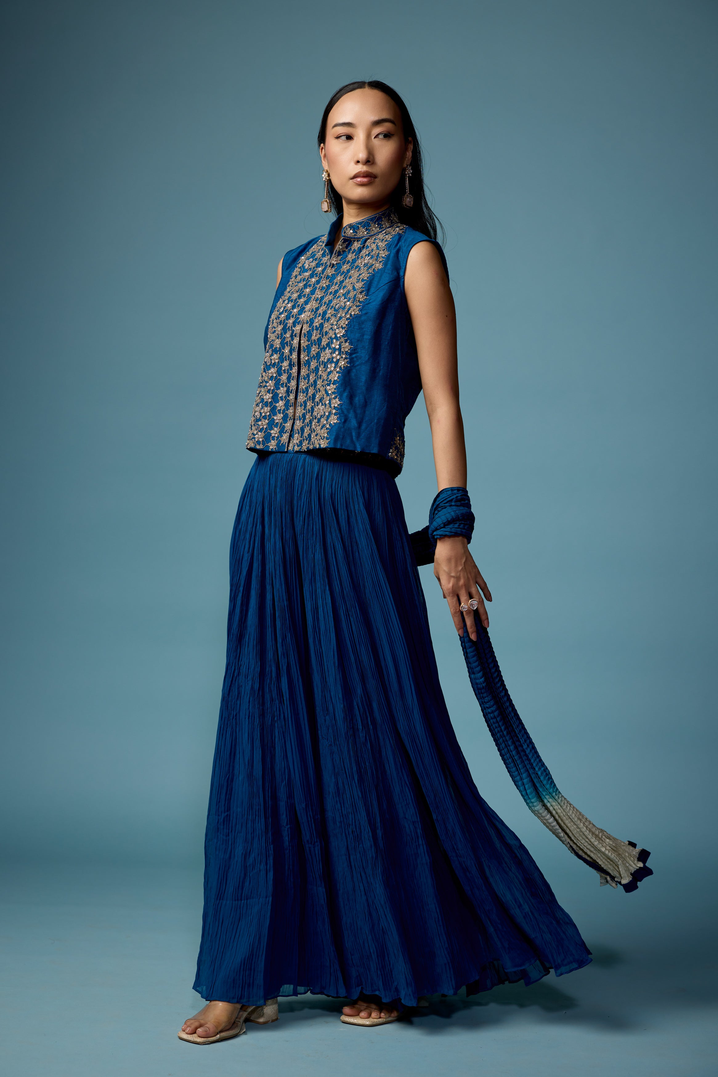 Teal Blue Embellished Georgette Silk Palazzo Set