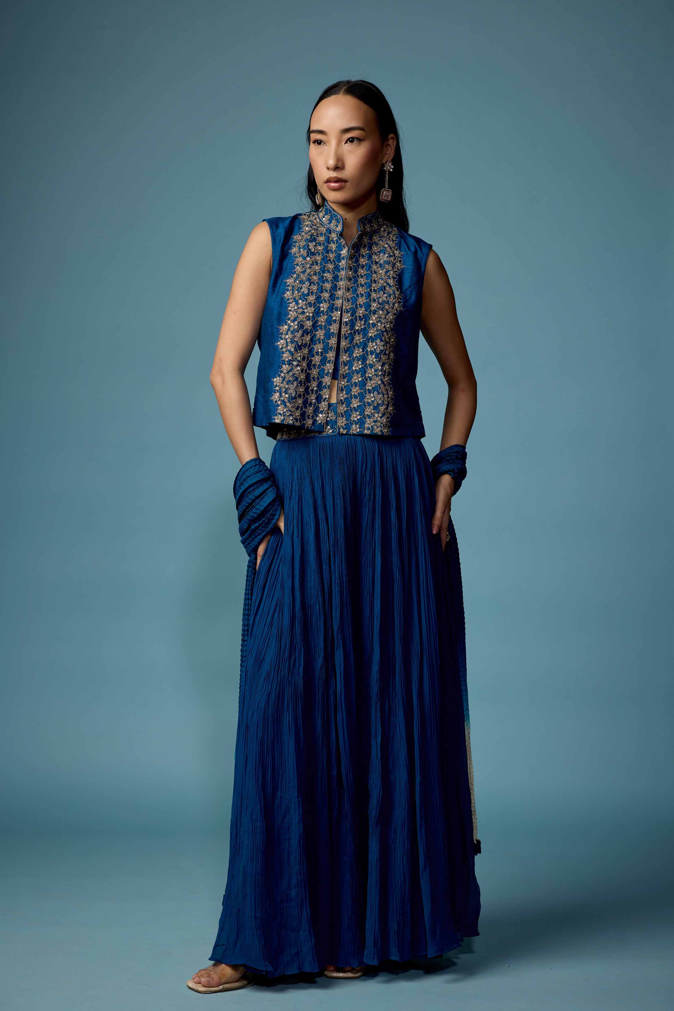 Teal Blue Embellished Georgette Silk Palazzo Set