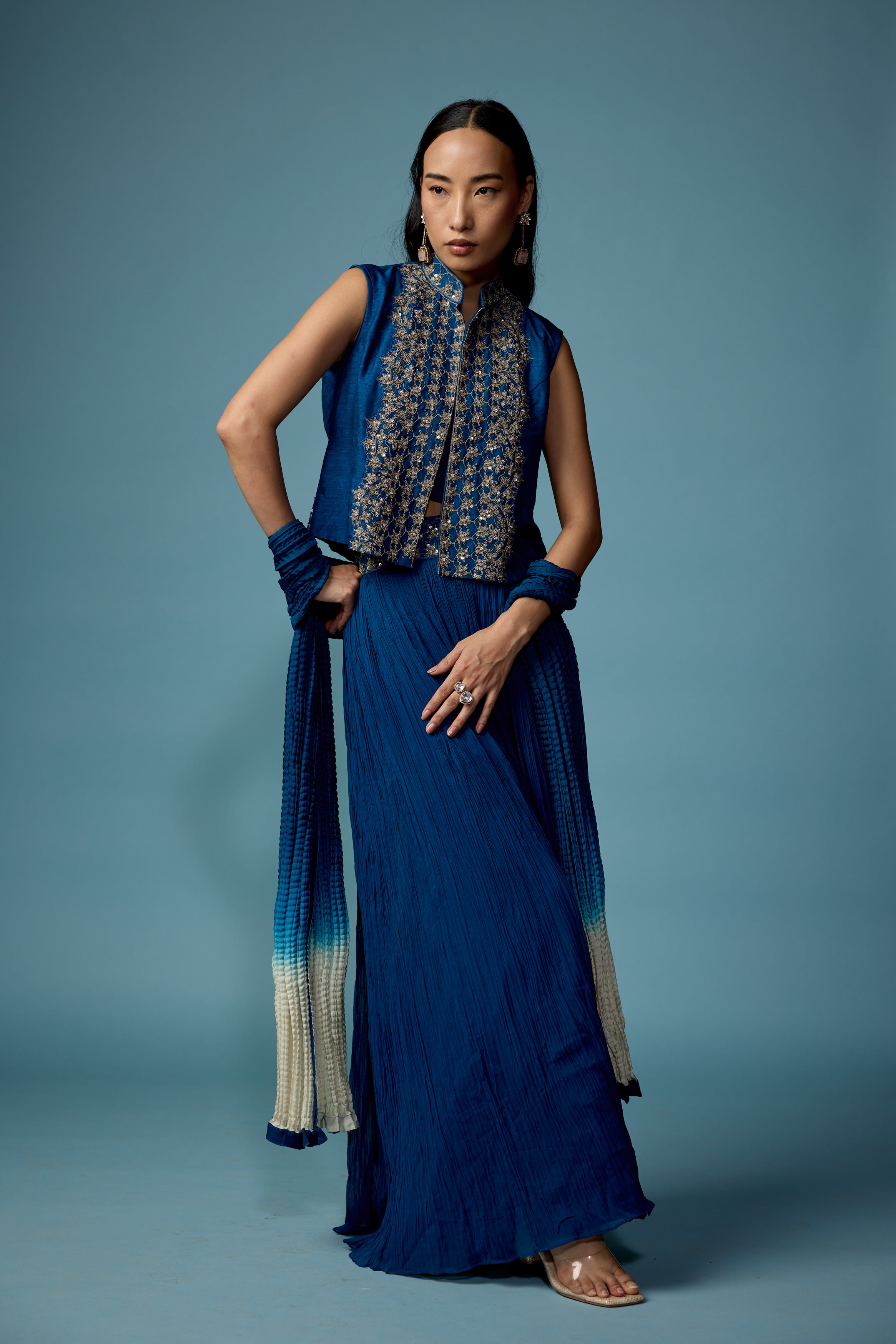 Teal Blue Embellished Georgette Silk Palazzo Set