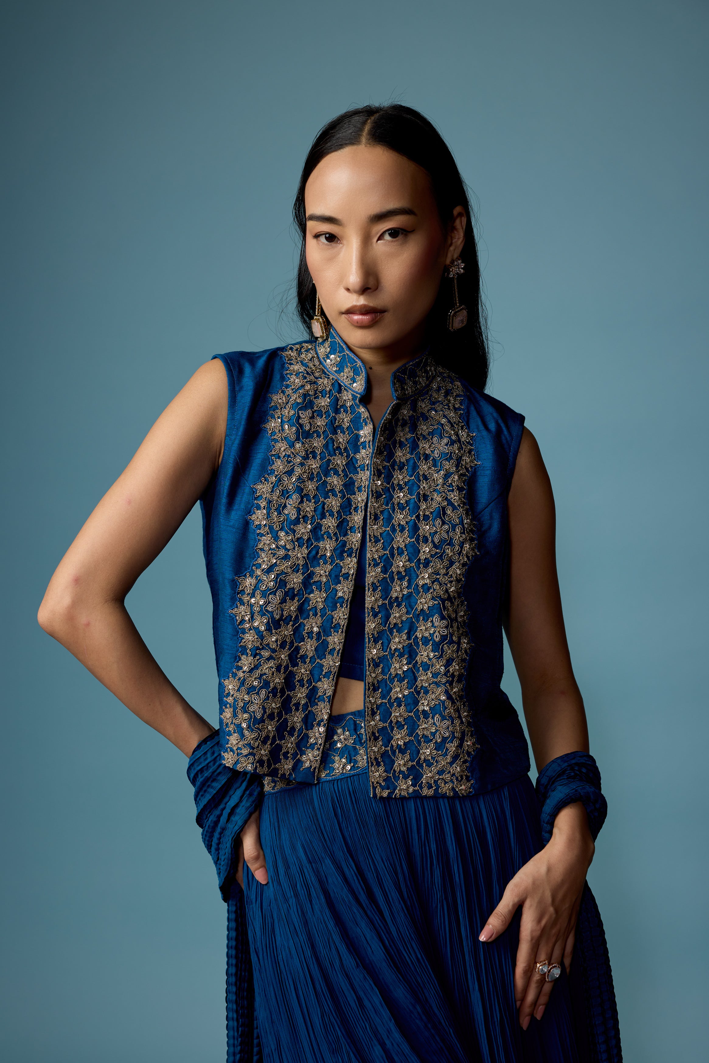 Teal Blue Embellished Georgette Silk Palazzo Set