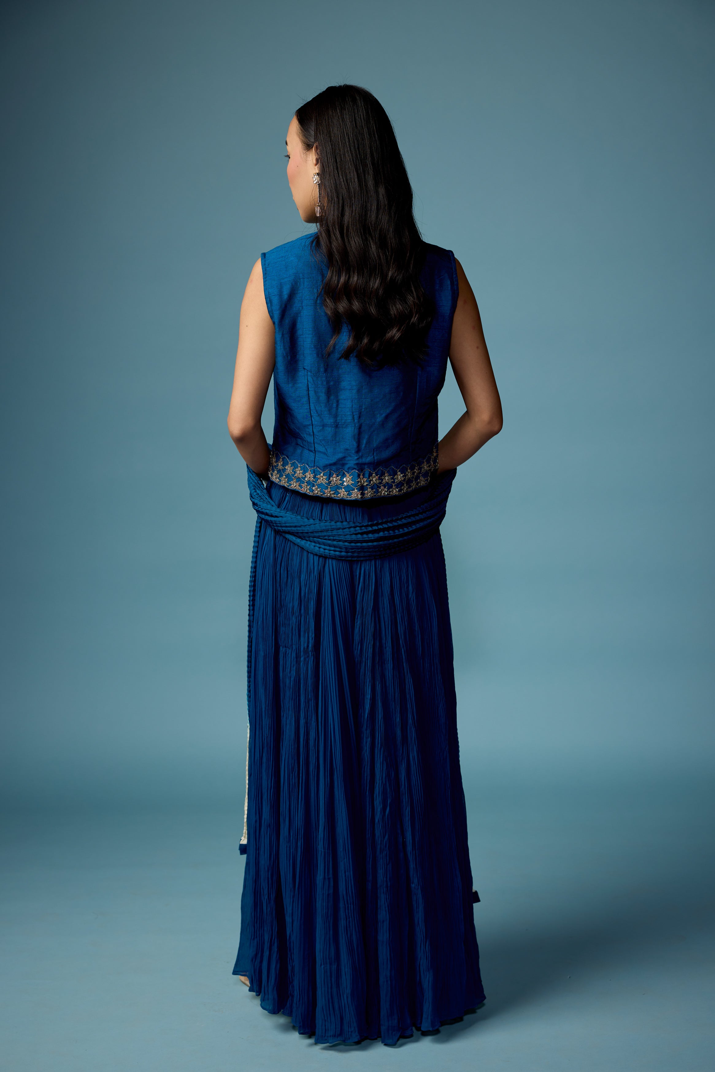 Teal Blue Embellished Georgette Silk Palazzo Set