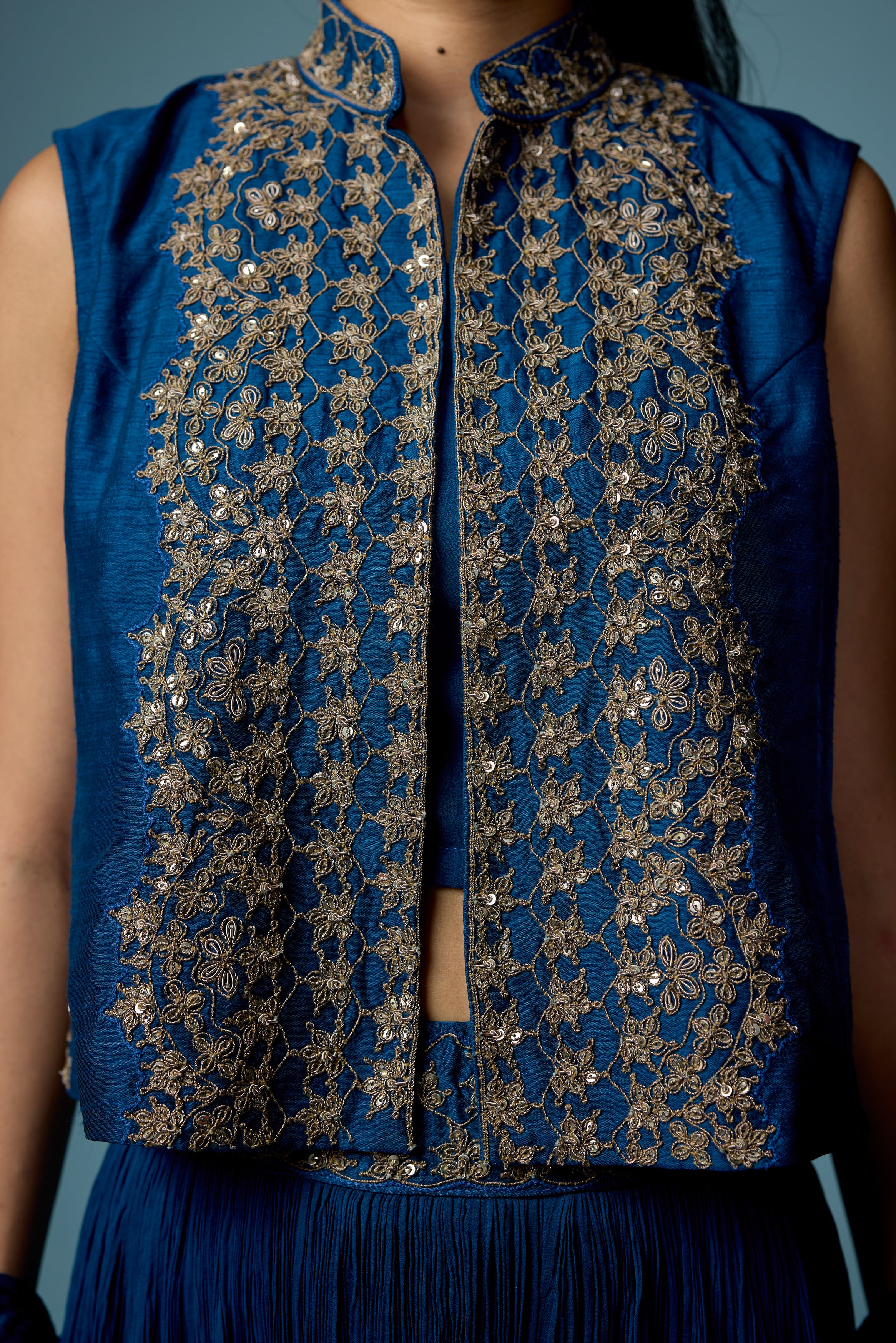 Teal Blue Embellished Georgette Silk Palazzo Set