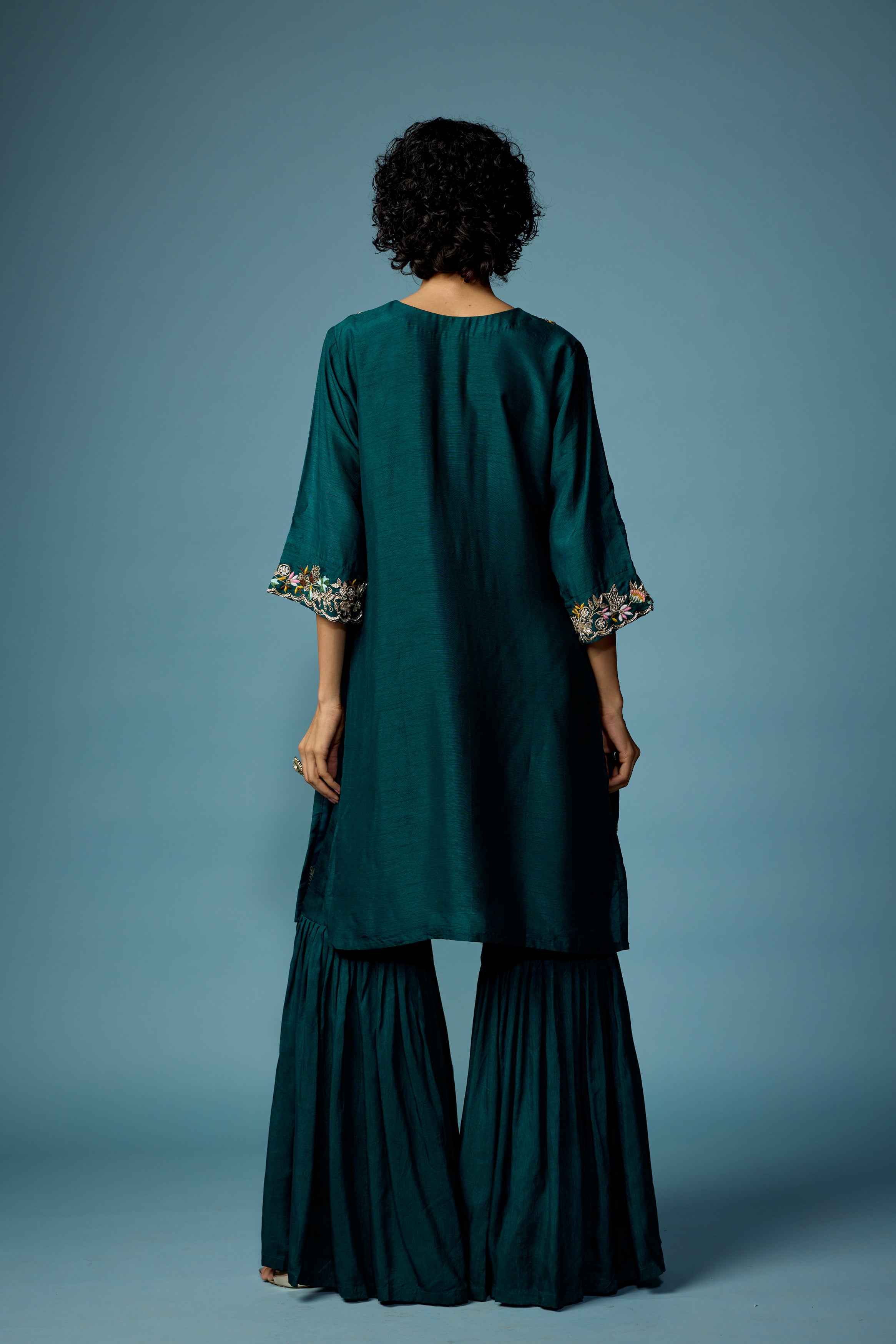 Bottle Green embellished Raw Silk Cape Set