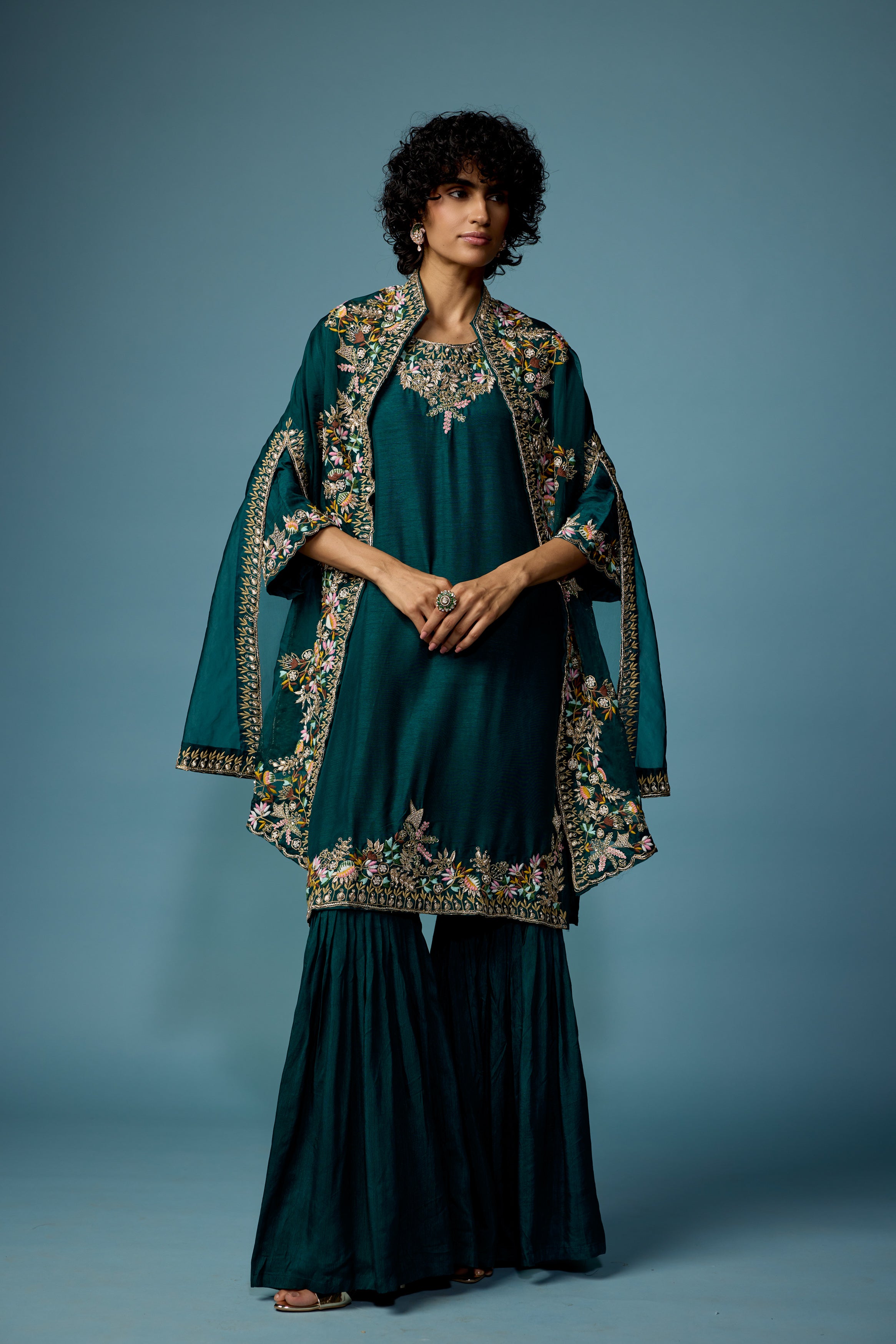 Bottle Green embellished Raw Silk Cape Set