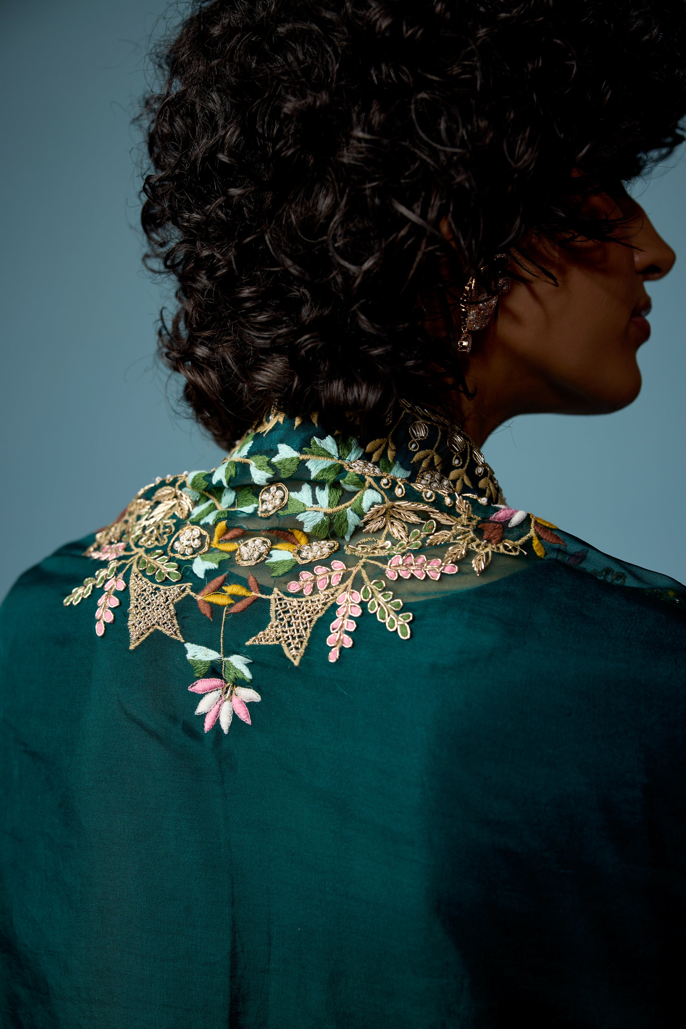 Bottle Green embellished Raw Silk Cape Set