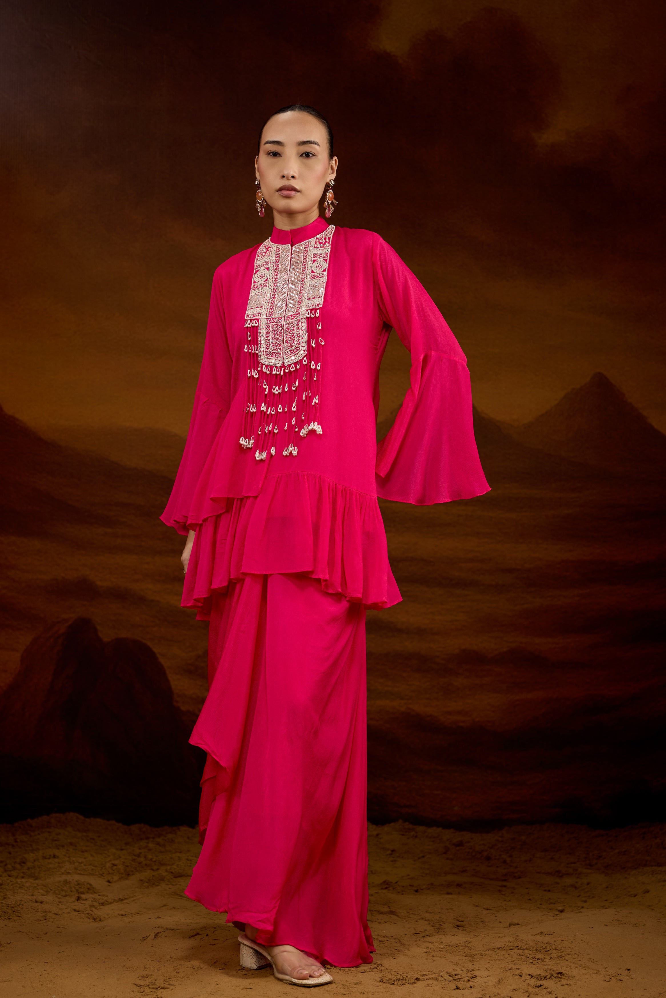 Hot Pink Embellished Chinon Silk Skirt Set