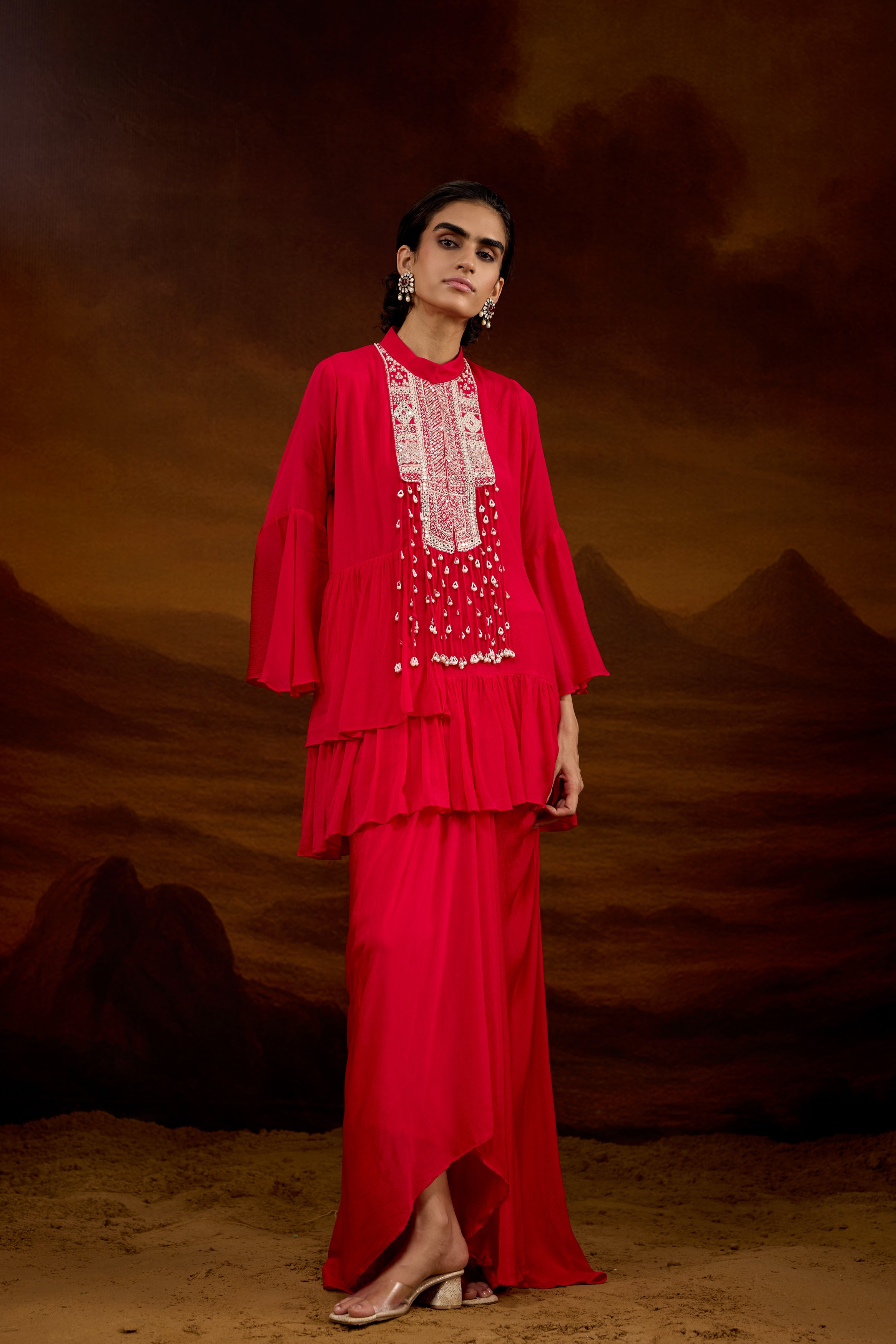 Rich Red Embellished Chinon Silk Skirt Set