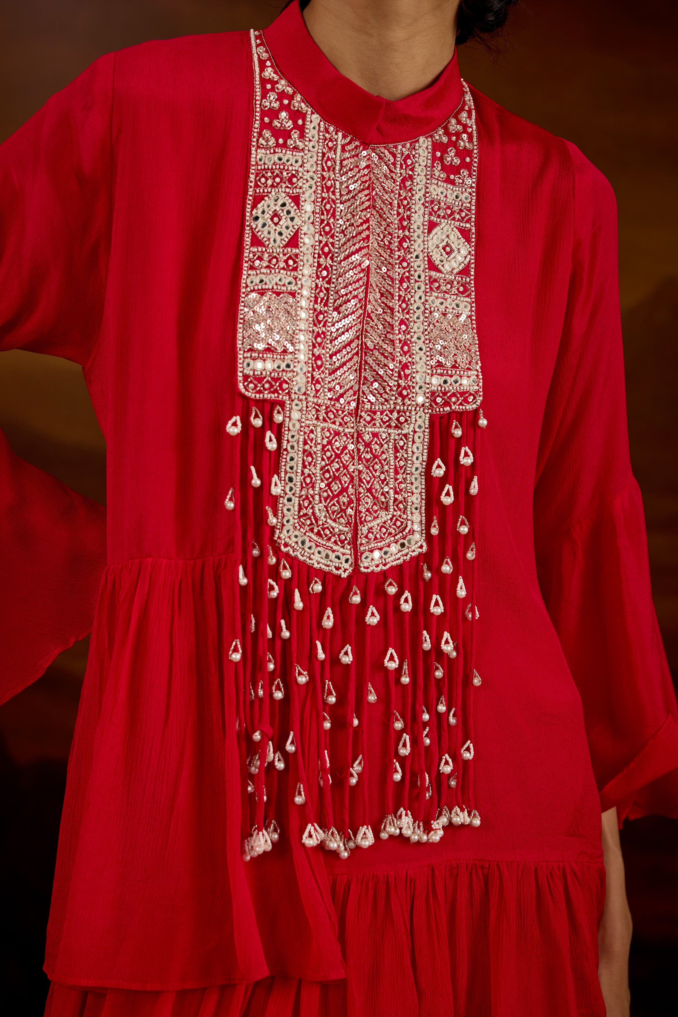 Rich Red Embellished Chinon Silk Skirt Set