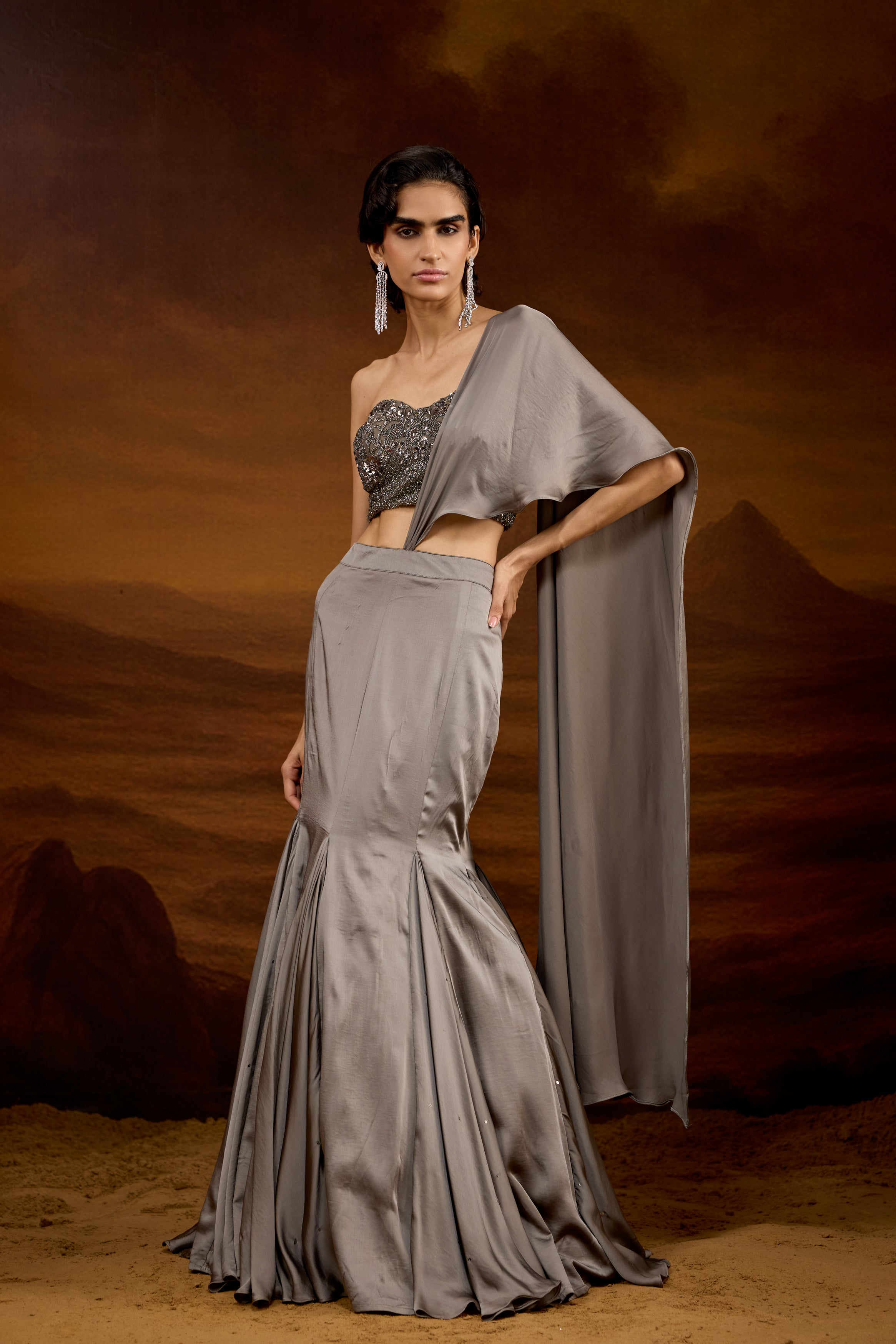 Slate Grey Embellished Satin Silk Skirt Set