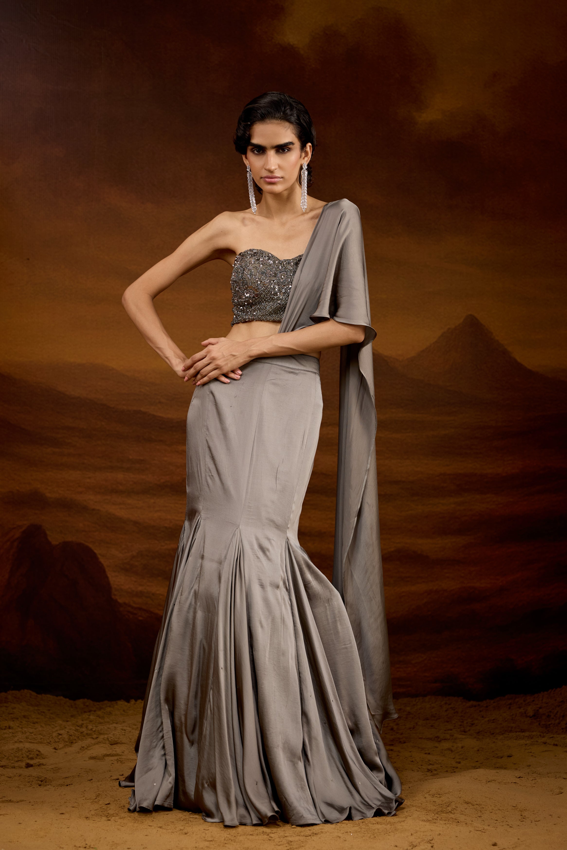 Slate Grey Embellished Satin Silk Skirt Set