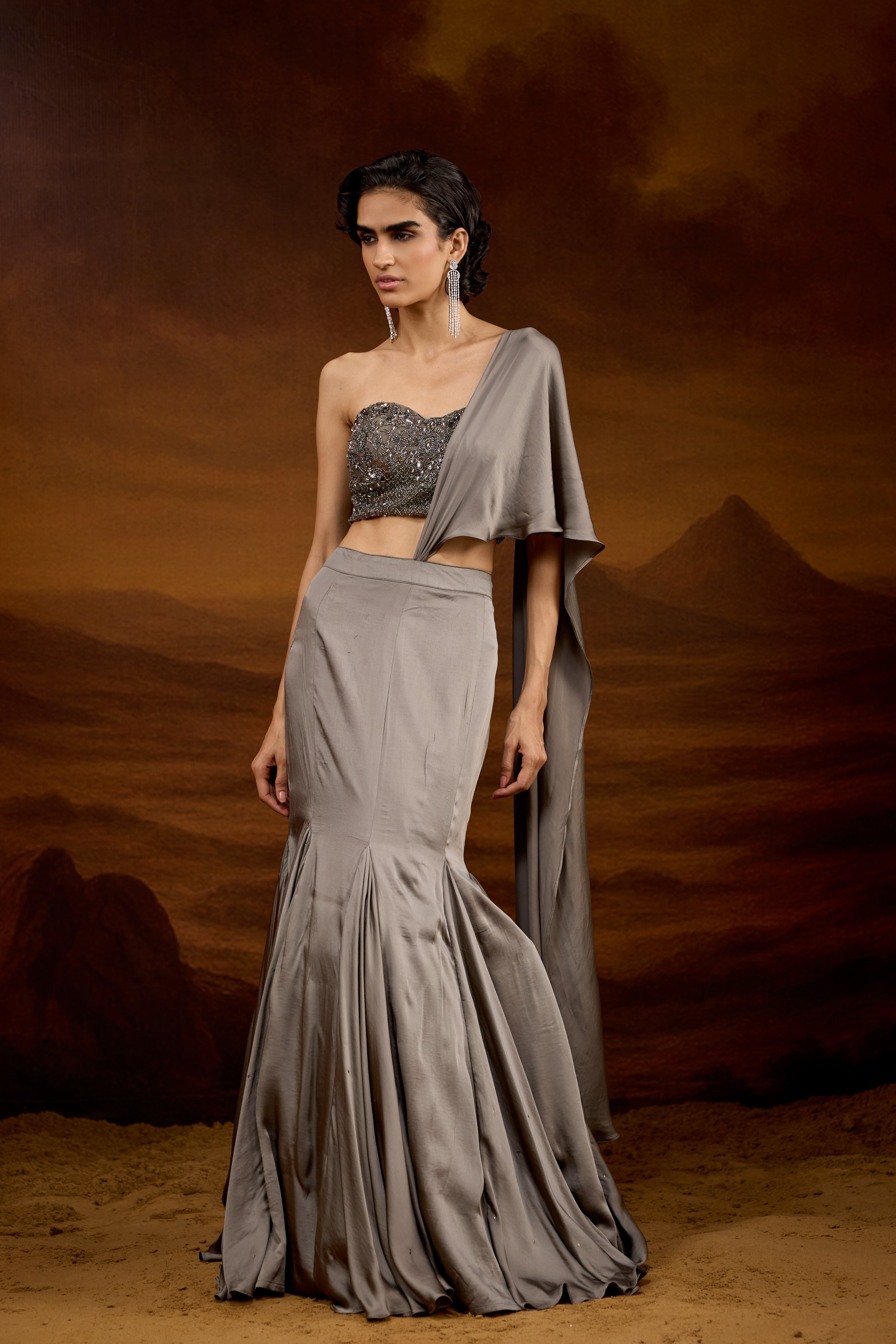Slate Grey Embellished Satin Silk Skirt Set