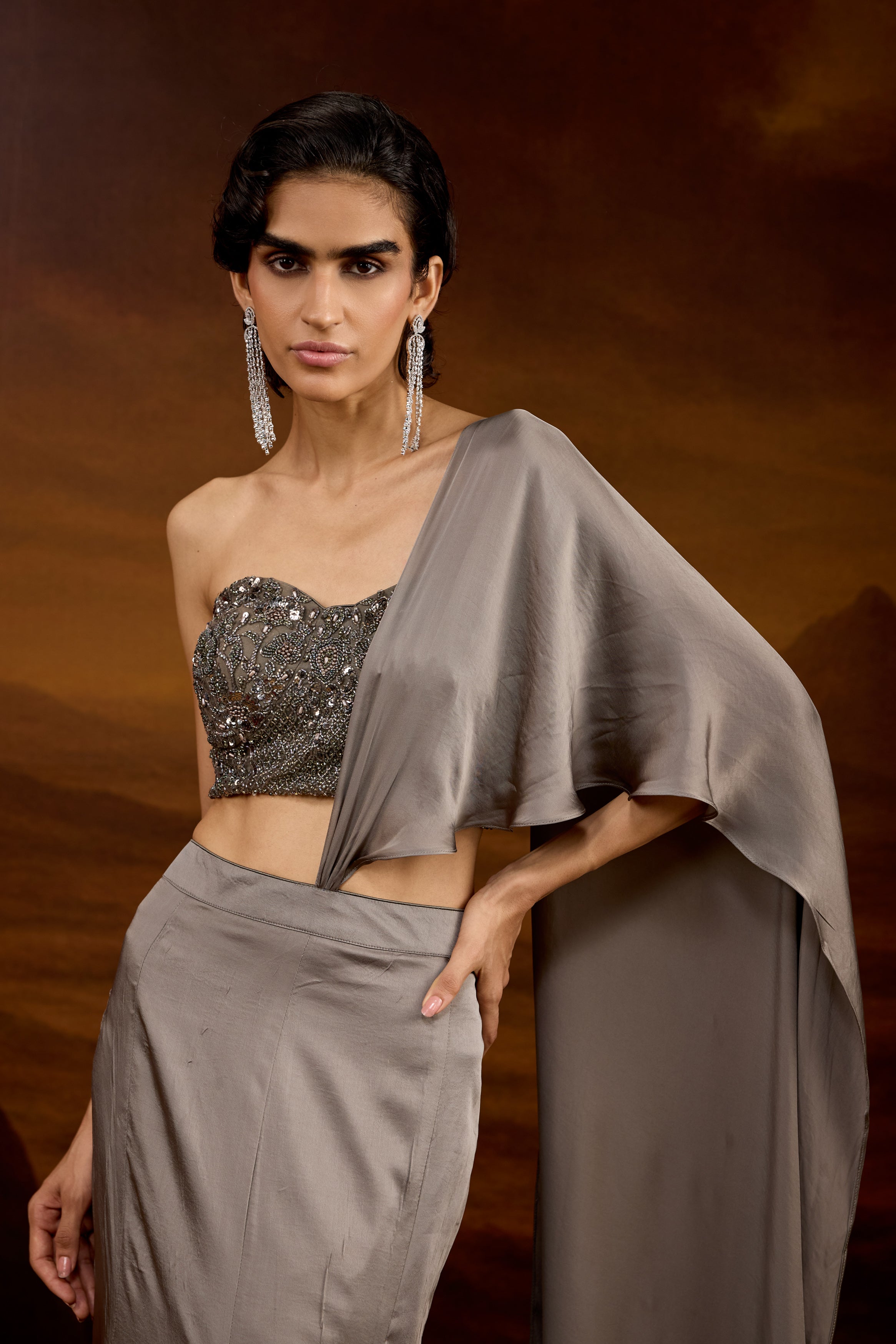 Slate Grey Embellished Satin Silk Skirt Set