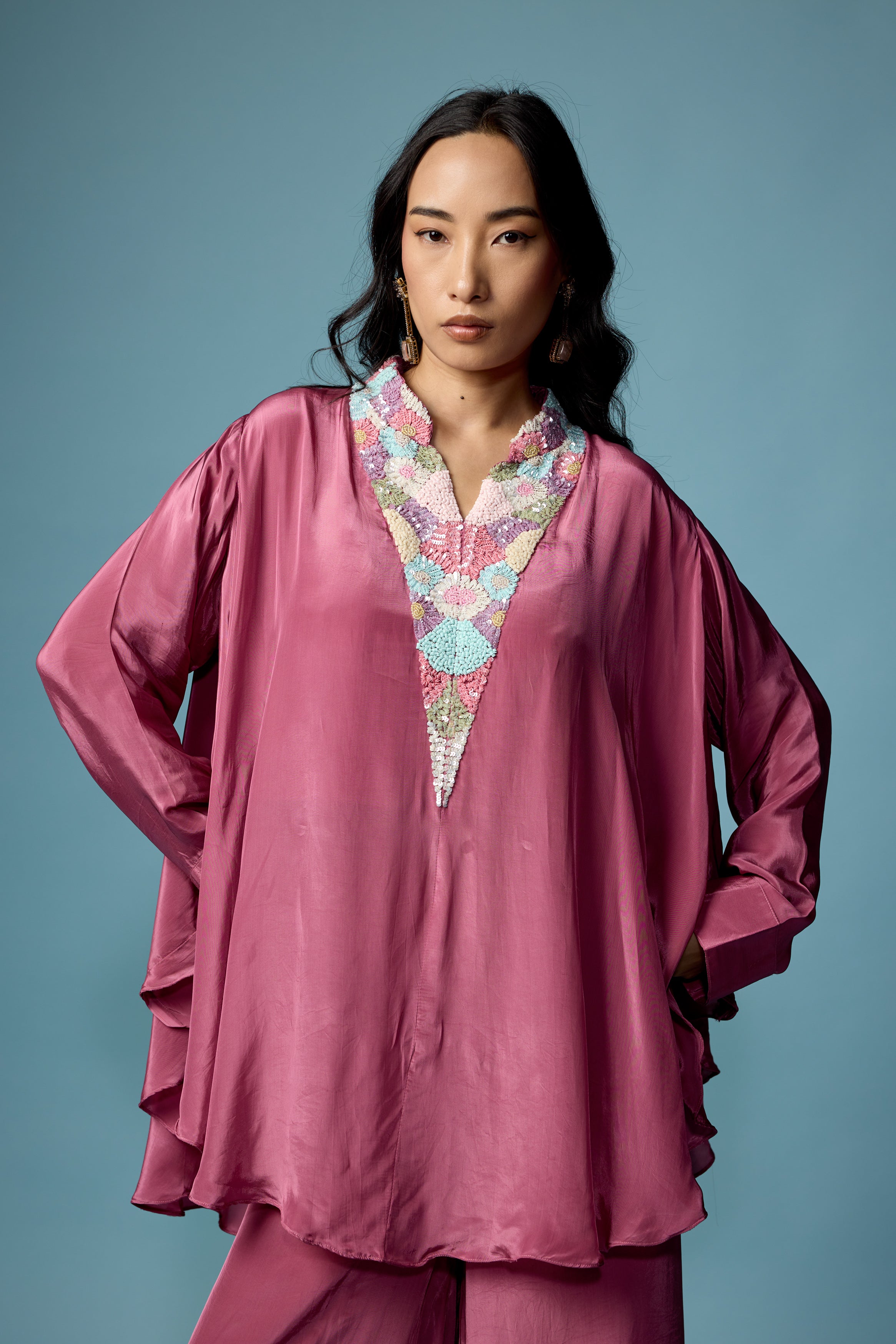 Dusty Pink Embellished Satin Silk Co-Ord Set