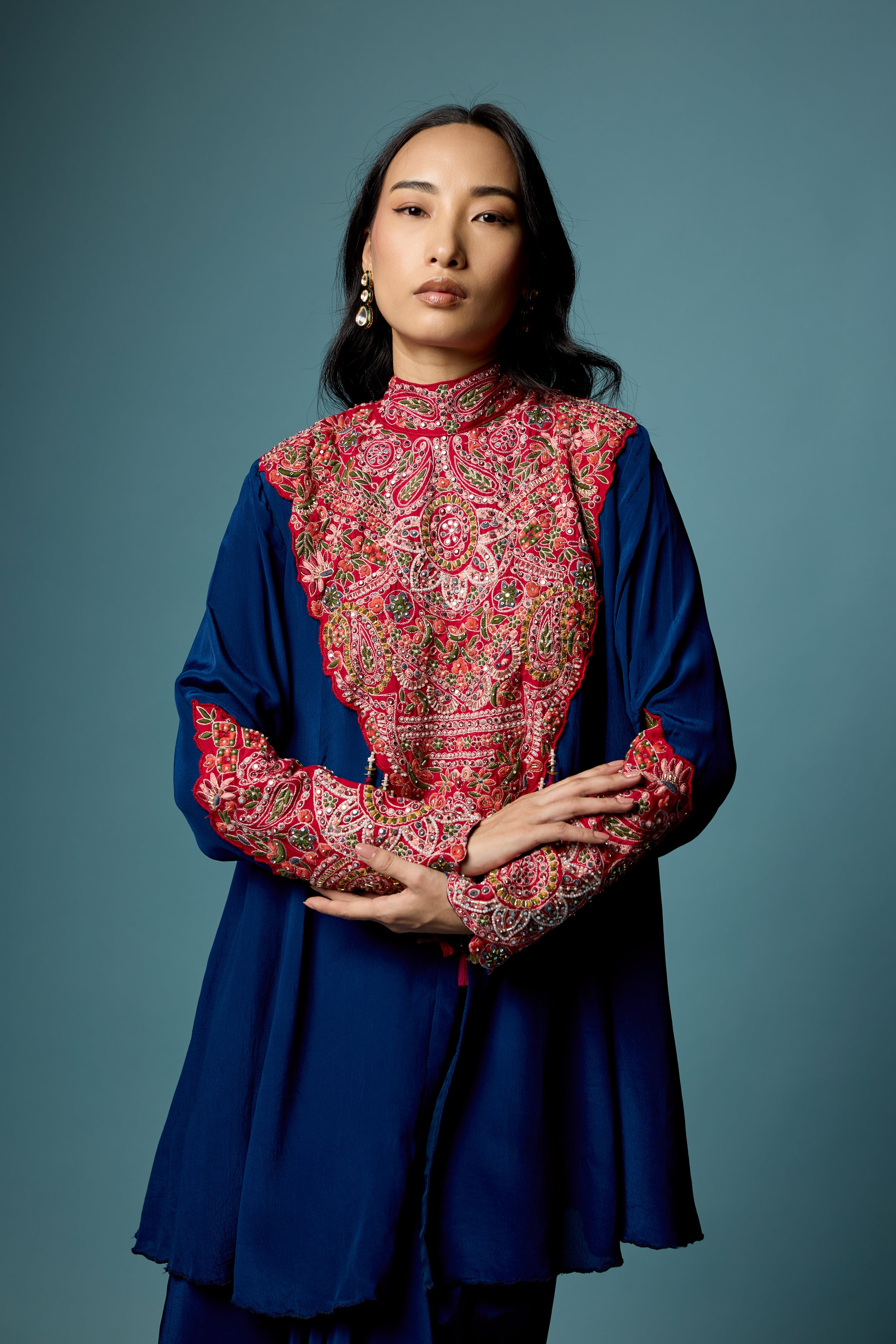 Deep Blue Embellished Chinon Silk Skirt Set