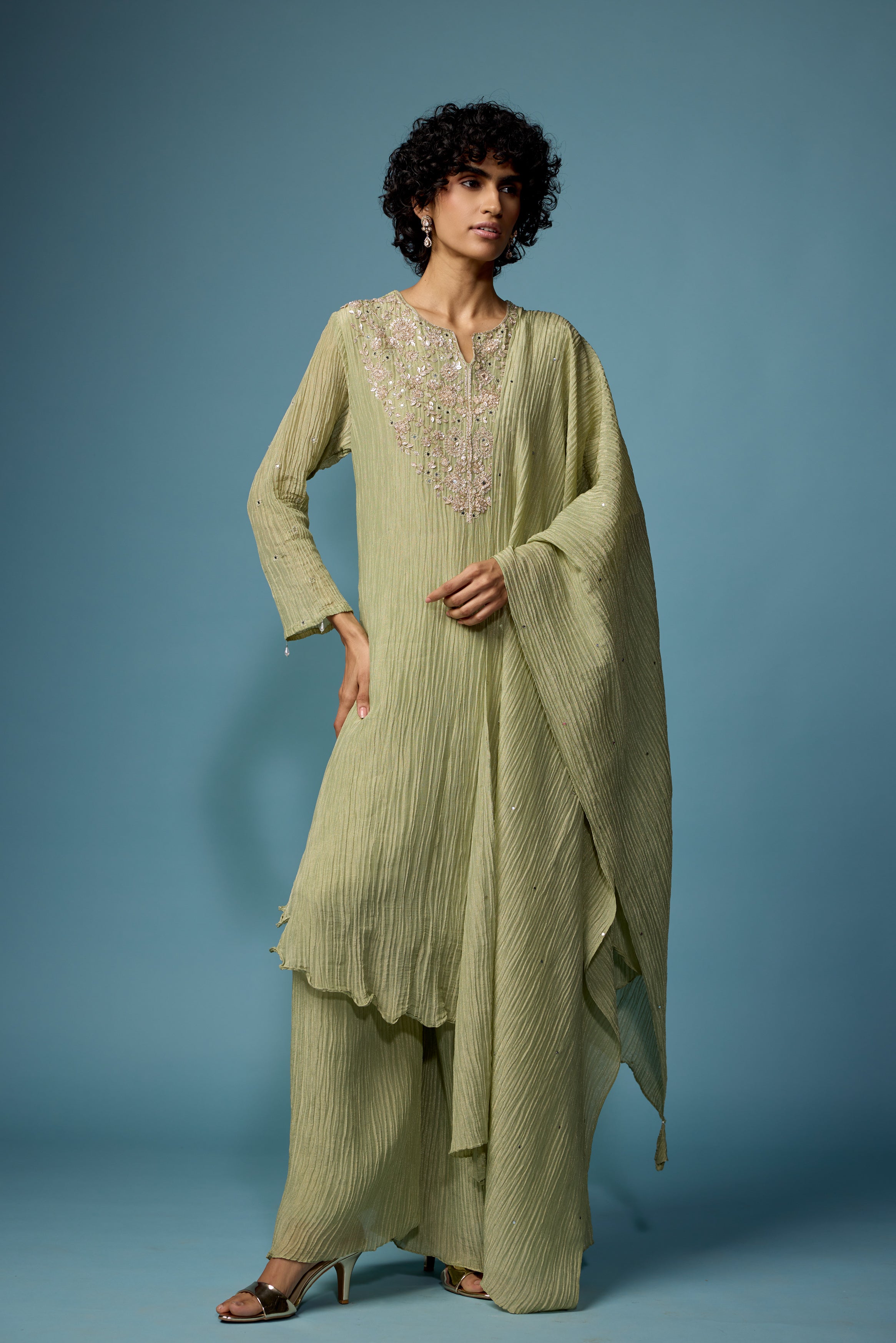 Sage Green Embellished Premium Silk Palazzo Set