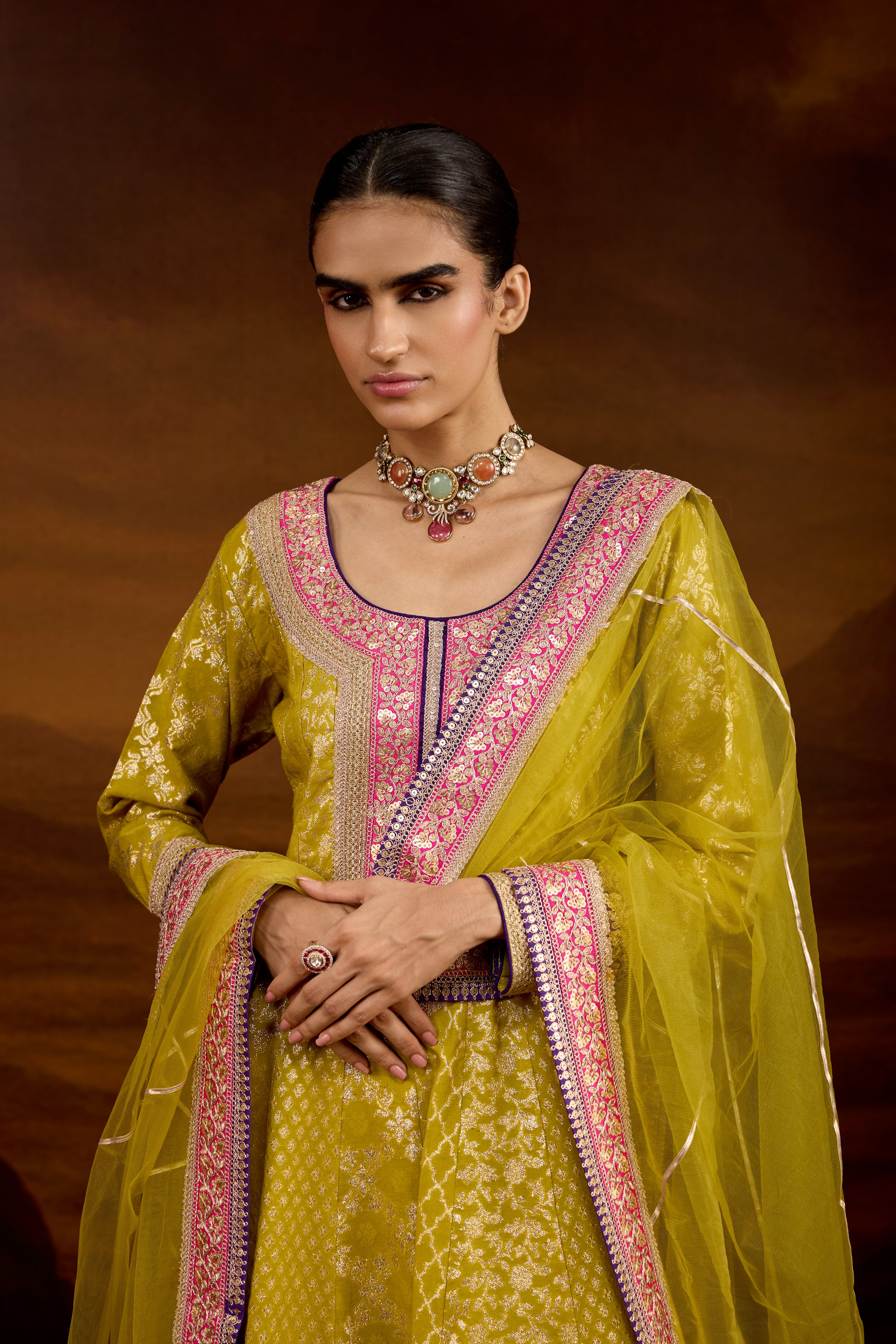 Lime Green Embellished Brocade Silk Anarkali Set
