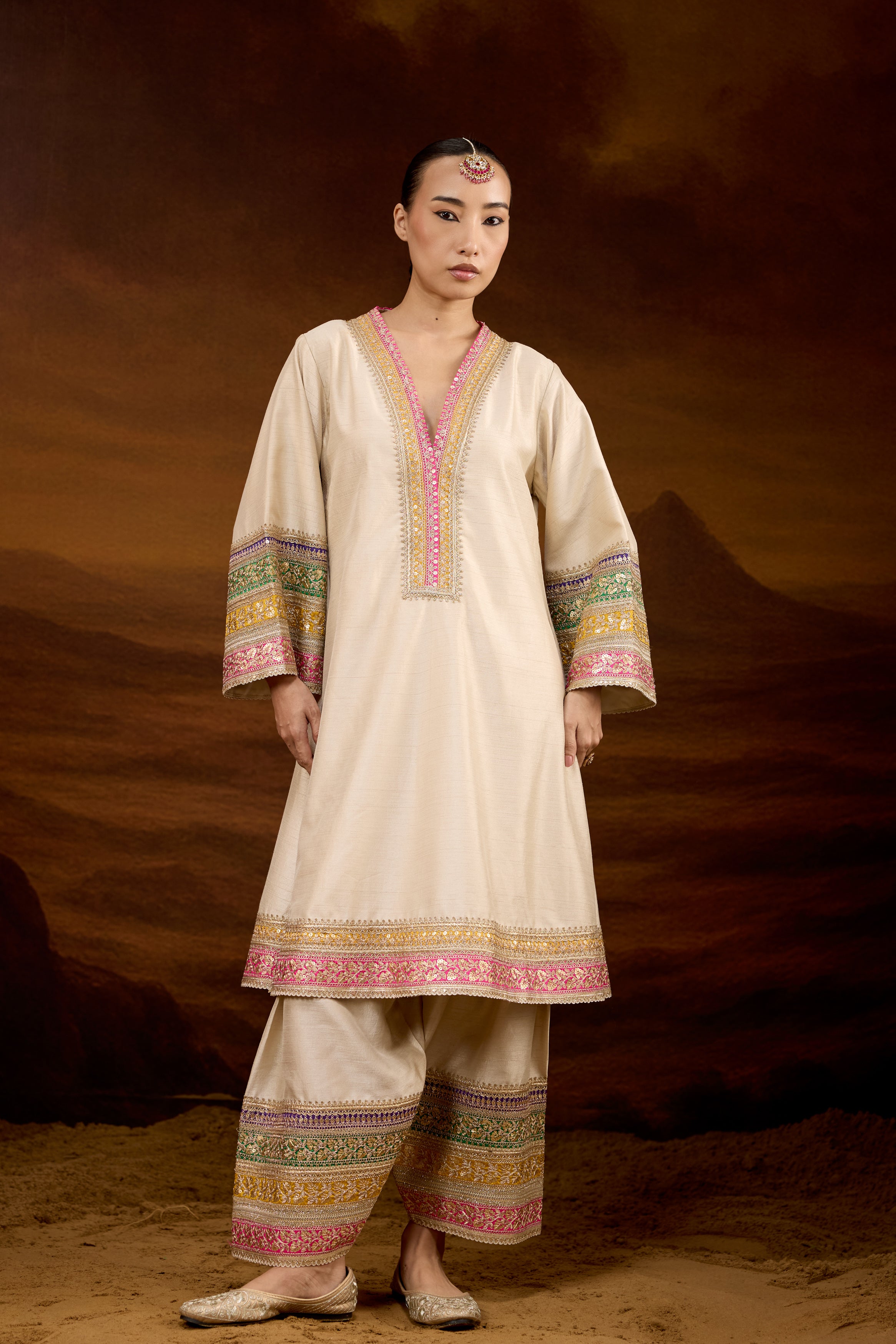Beige Embellished Raw Silk Palazzo Set