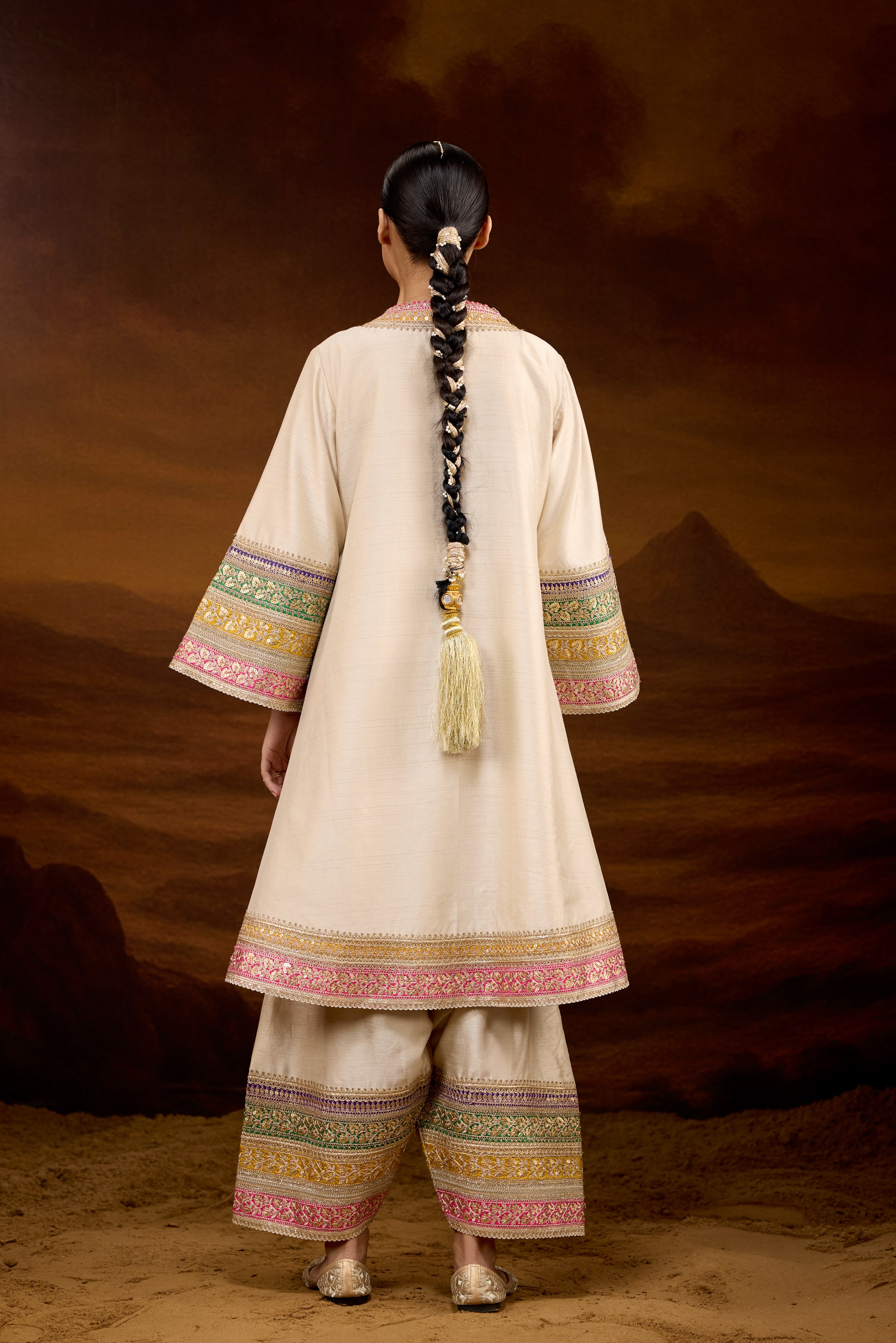 Beige Embellished Raw Silk Palazzo Set