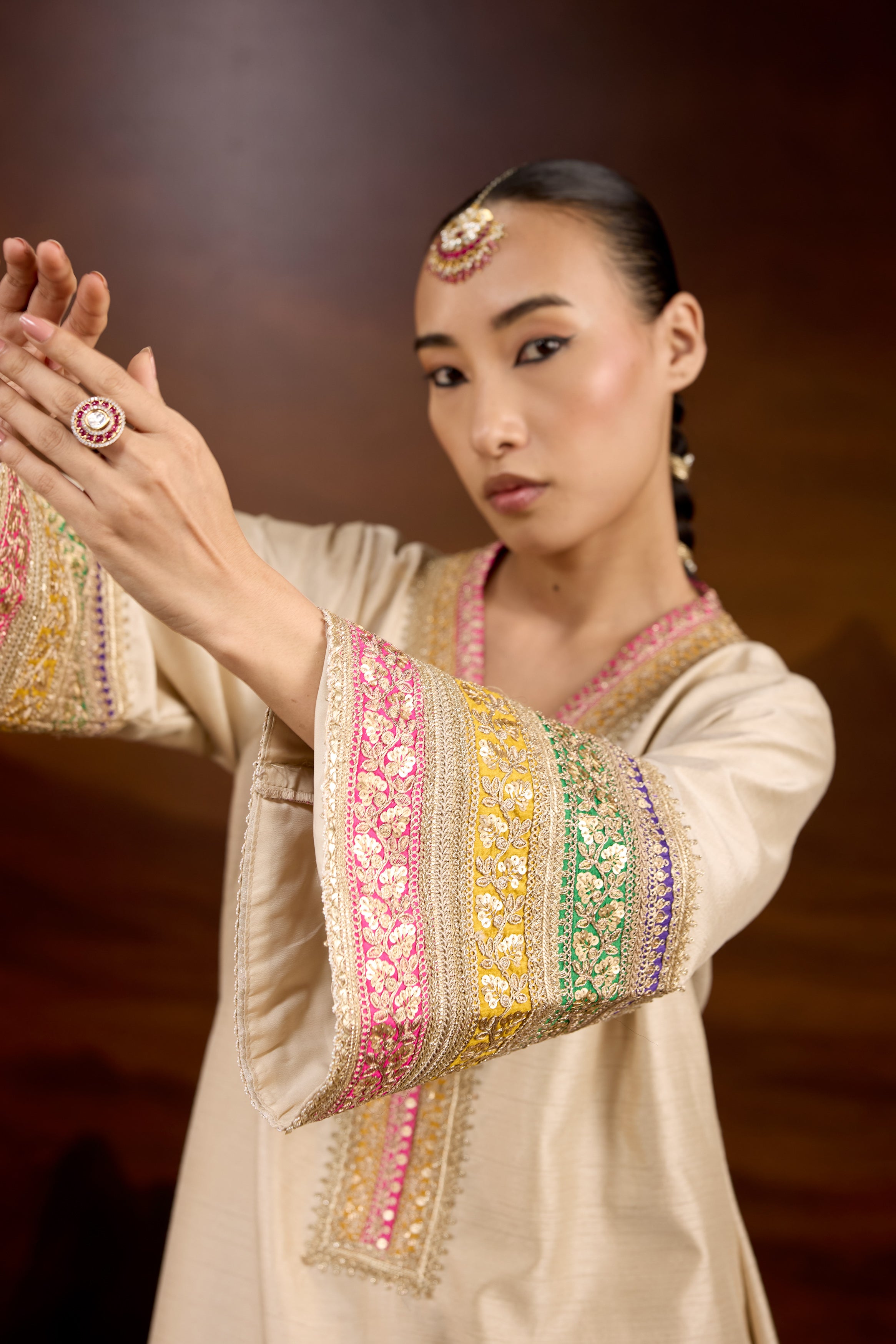 Beige Embellished Raw Silk Palazzo Set