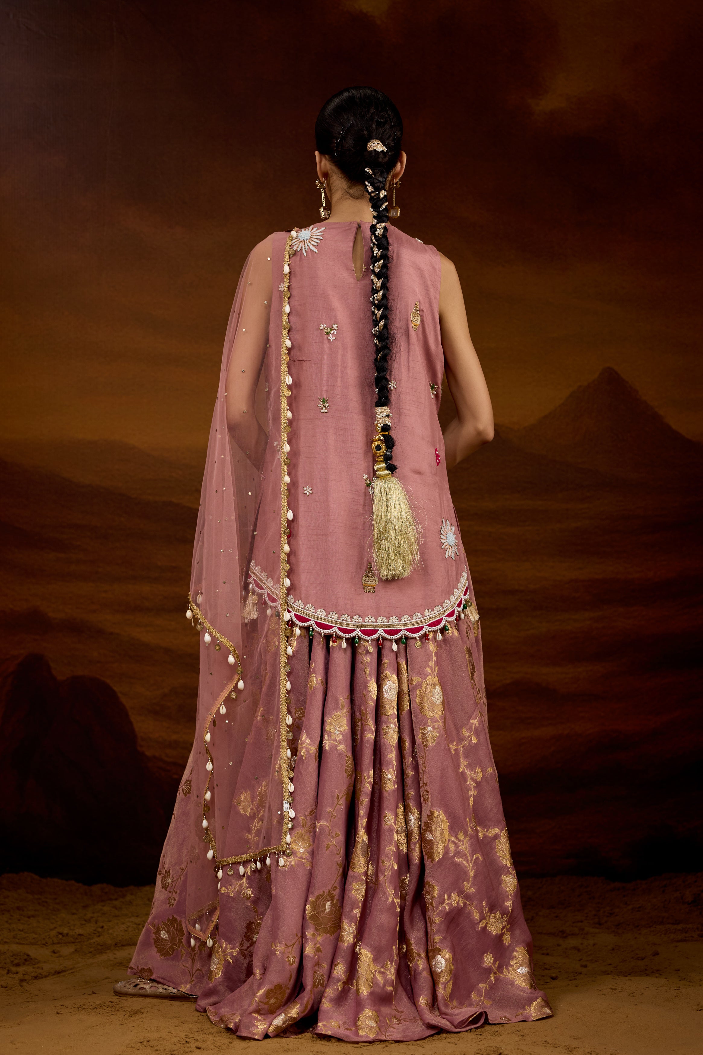 Mauve Pink Embellished Shimmer Tissue Silk Palazzo Set