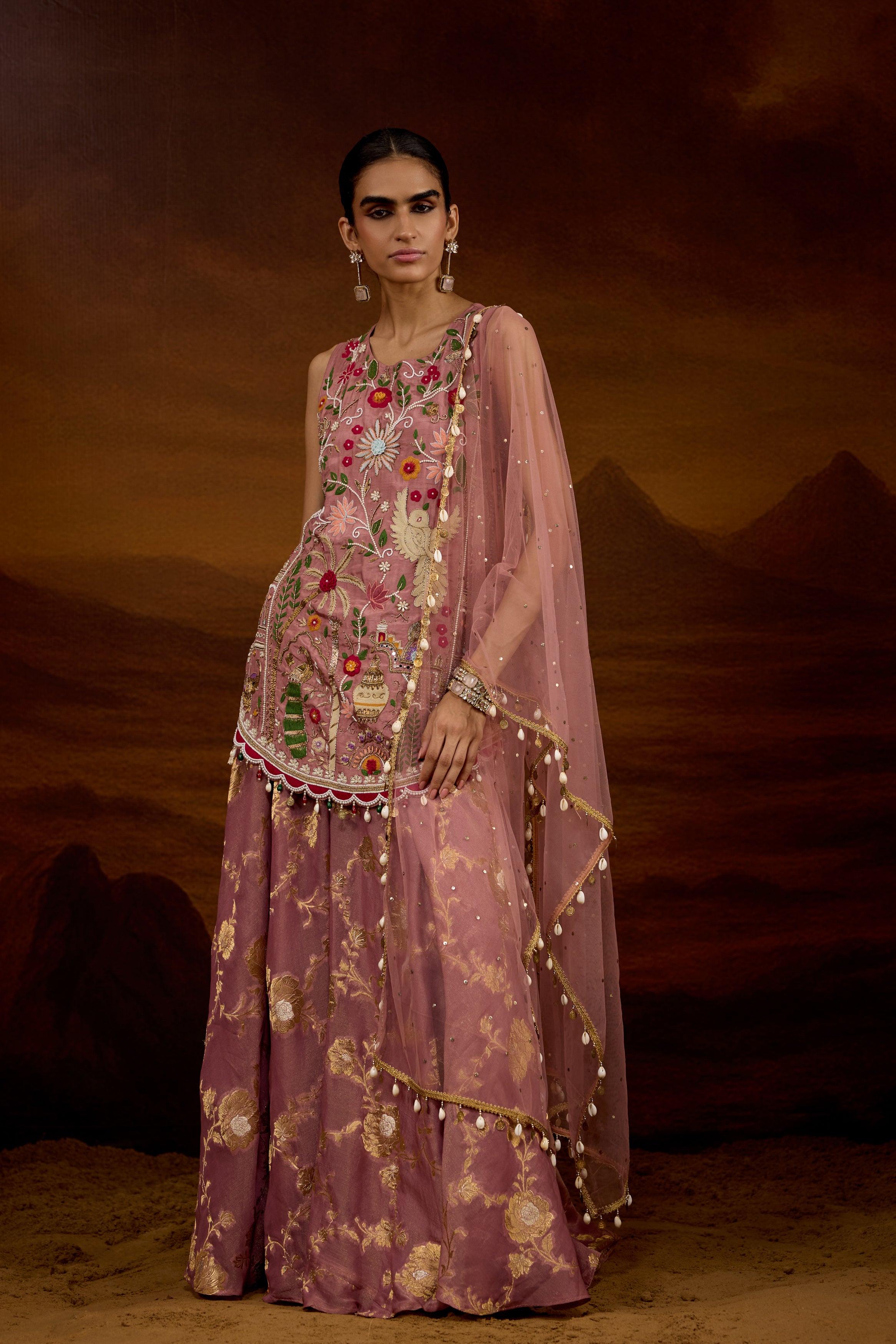 Mauve Pink Embellished Shimmer Tissue Silk Palazzo Set