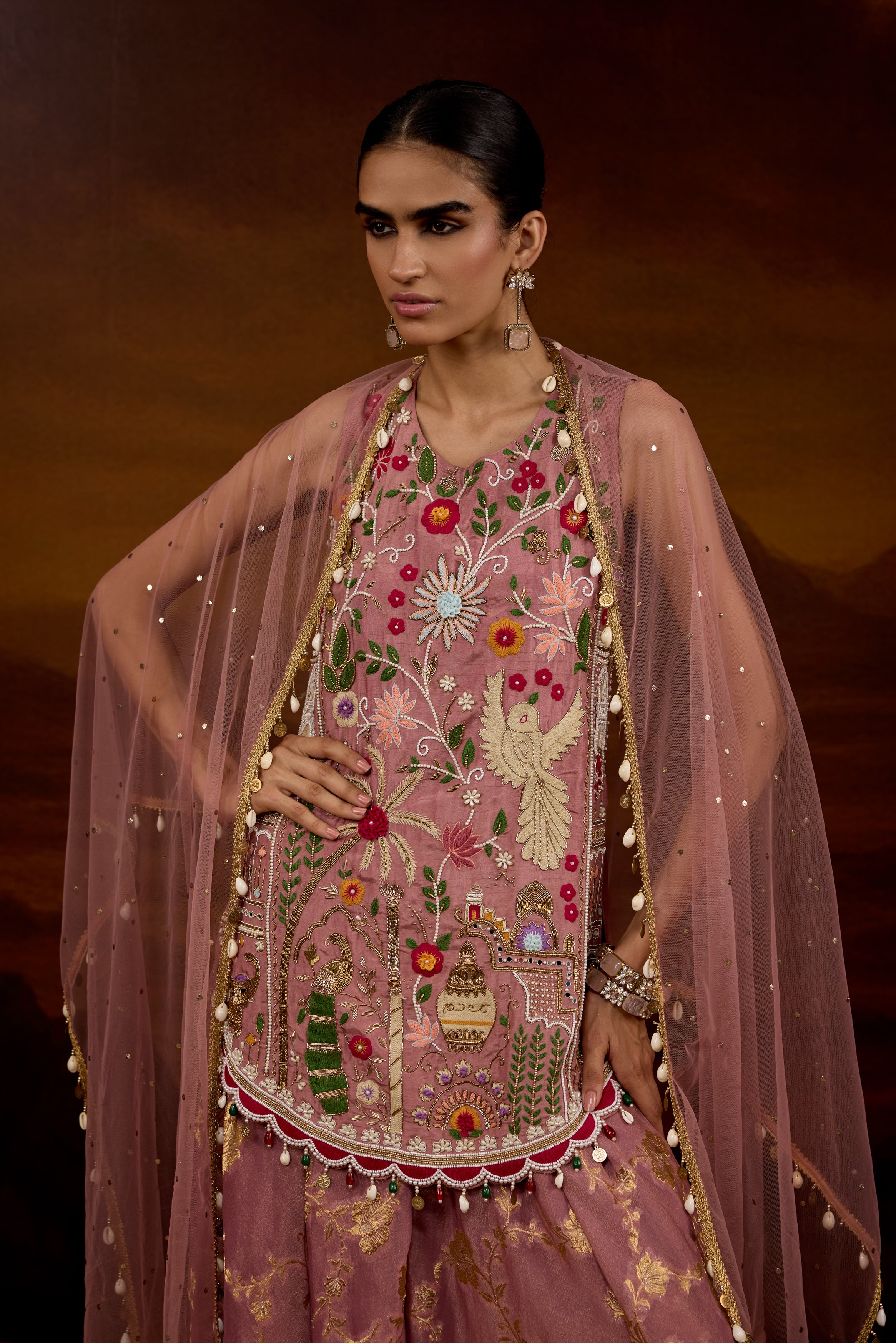 Mauve Pink Embellished Shimmer Tissue Silk Palazzo Set