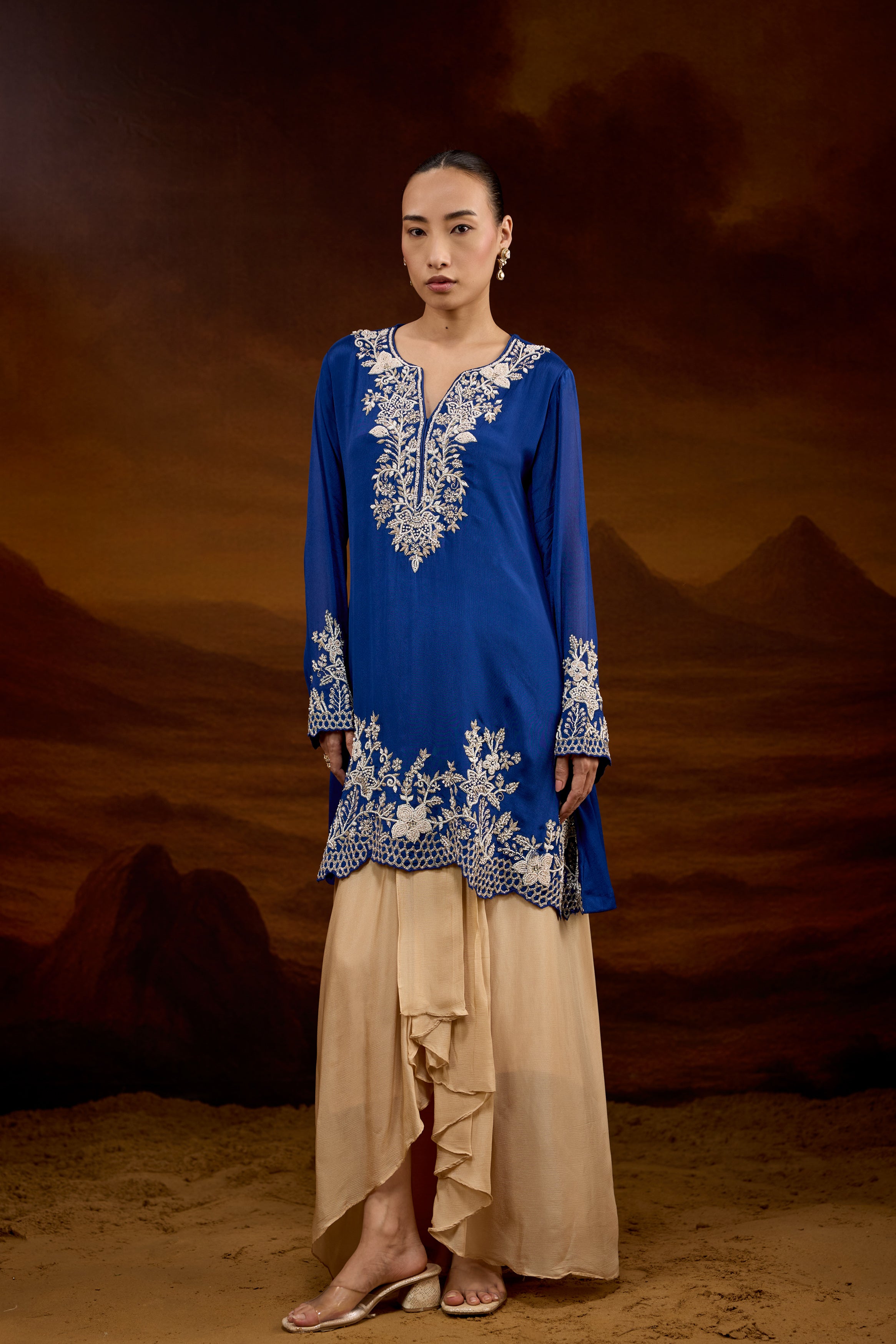 Royal Blue Embellished Chinon Silk Skirt Set
