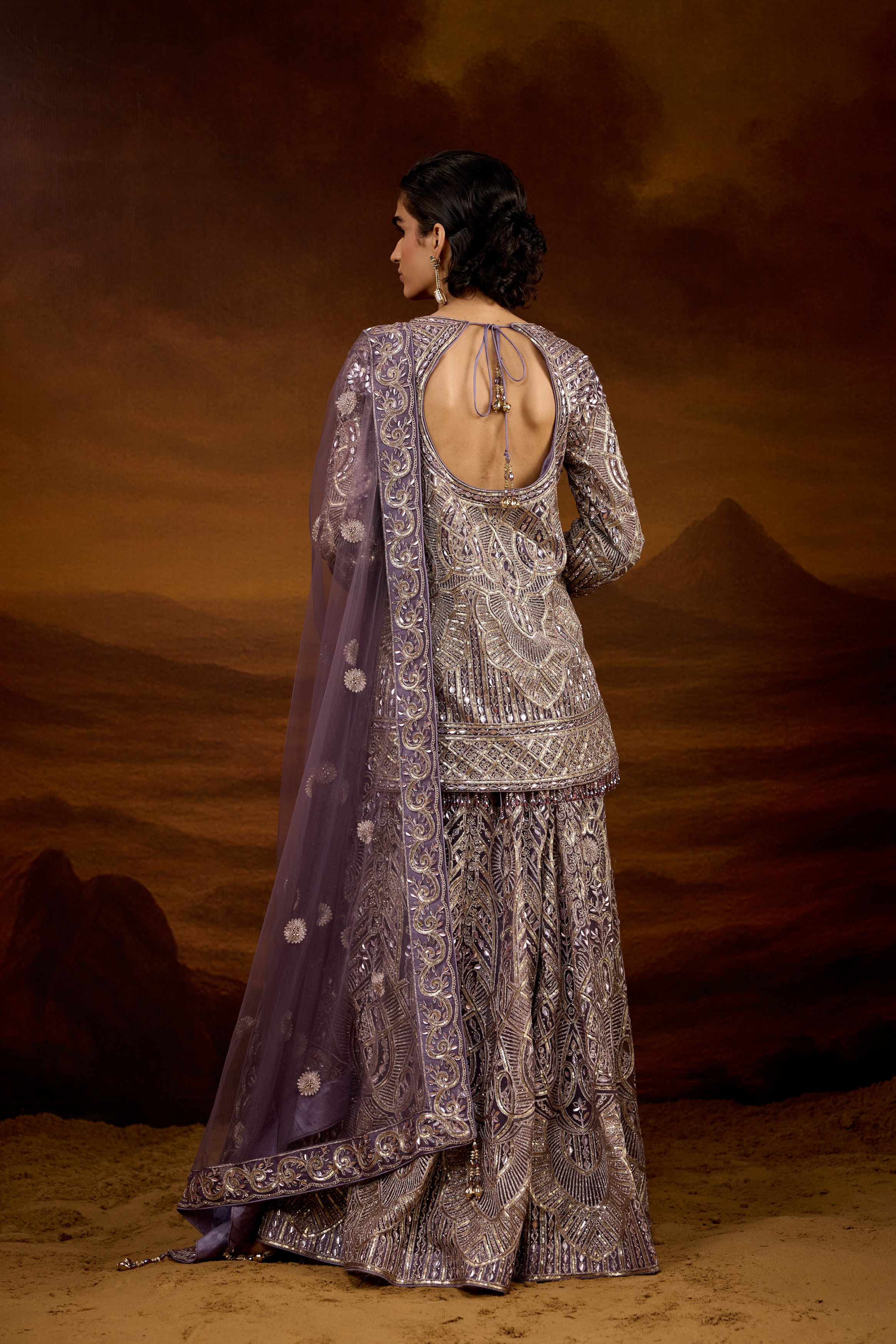 Grayish-Purple Embellished Organic Mono Net Palazzo Set