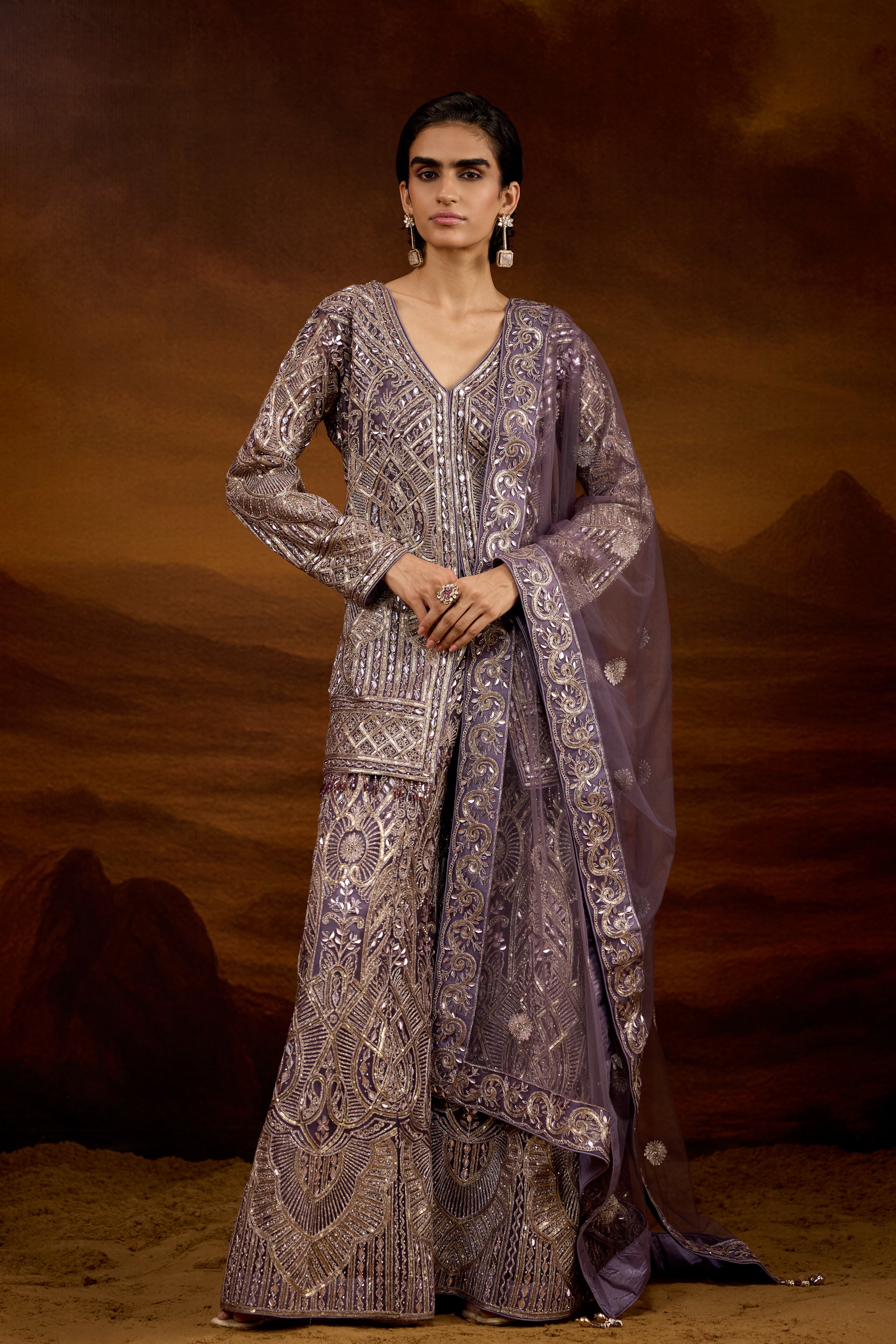 Grayish-Purple Embellished Organic Mono Net Palazzo Set
