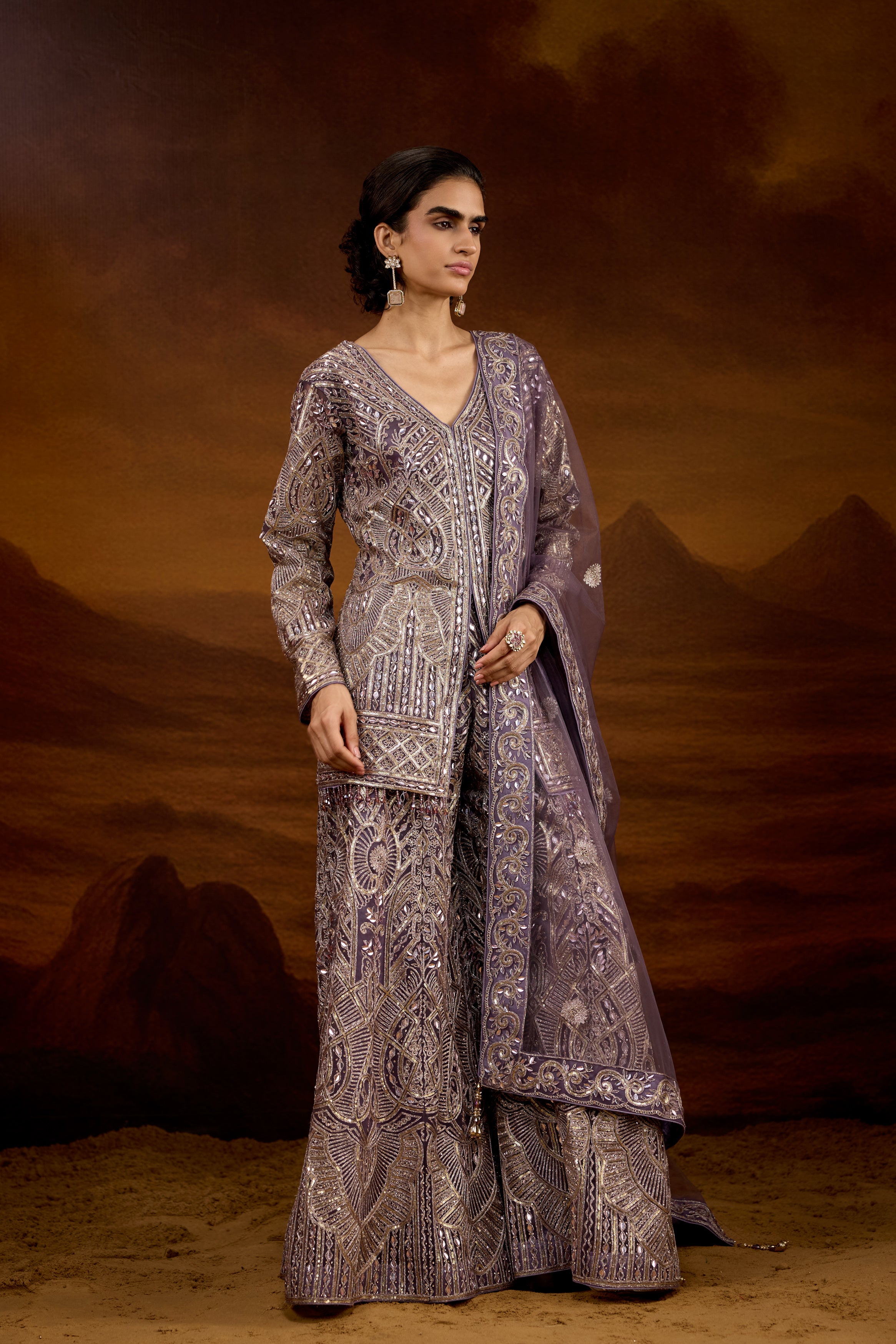 Grayish-Purple Embellished Organic Mono Net Palazzo Set