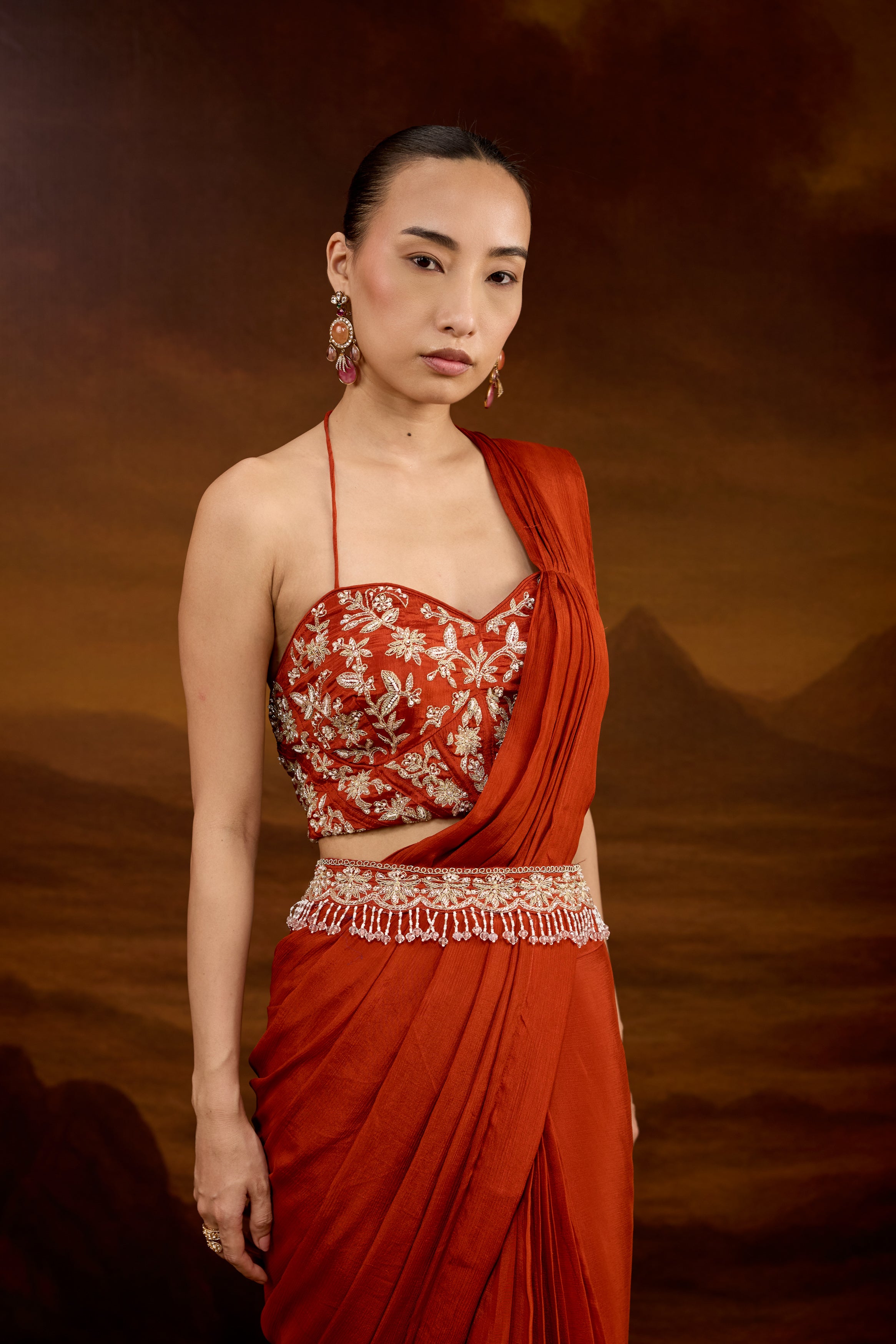 Rust Orange Embellished Chinon Silk Draped Saree