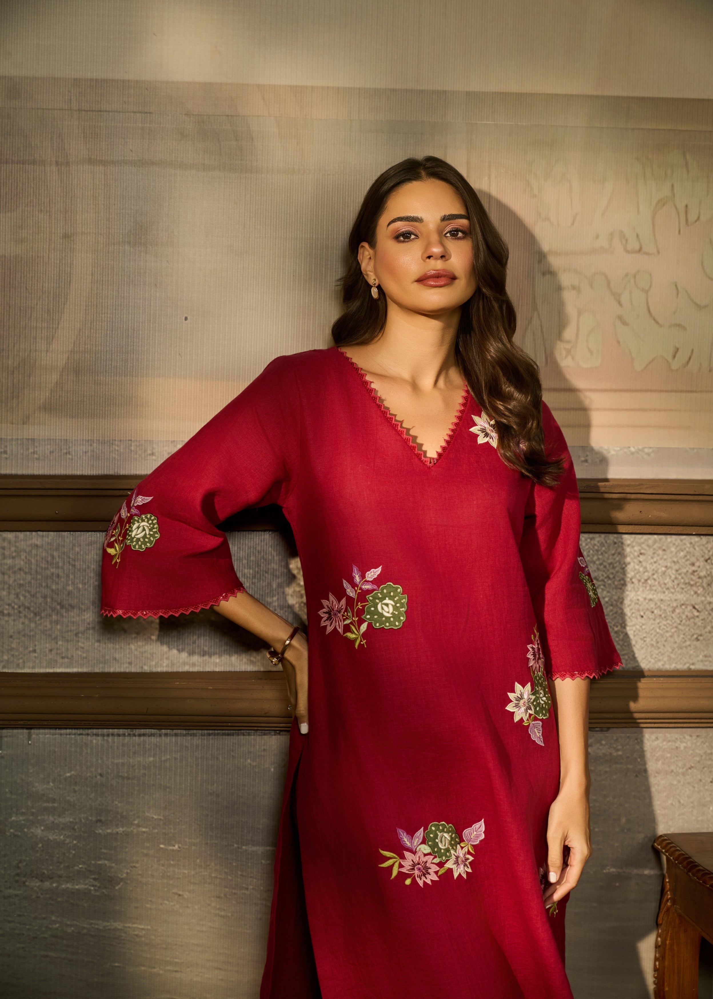 Ruby Red Embroidered Linen Kurta Set