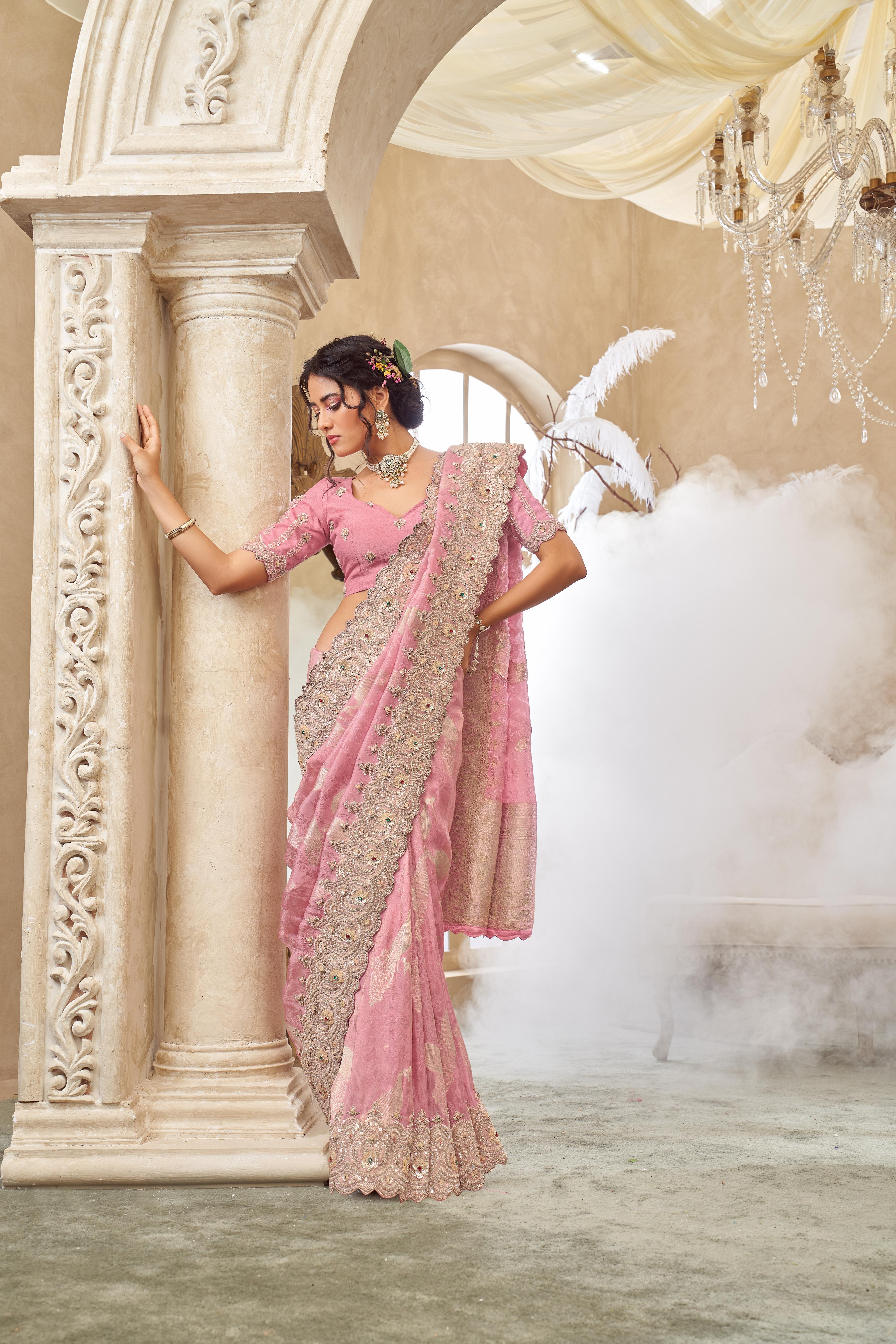 Light Pink Embellished Brocade Silk Saree