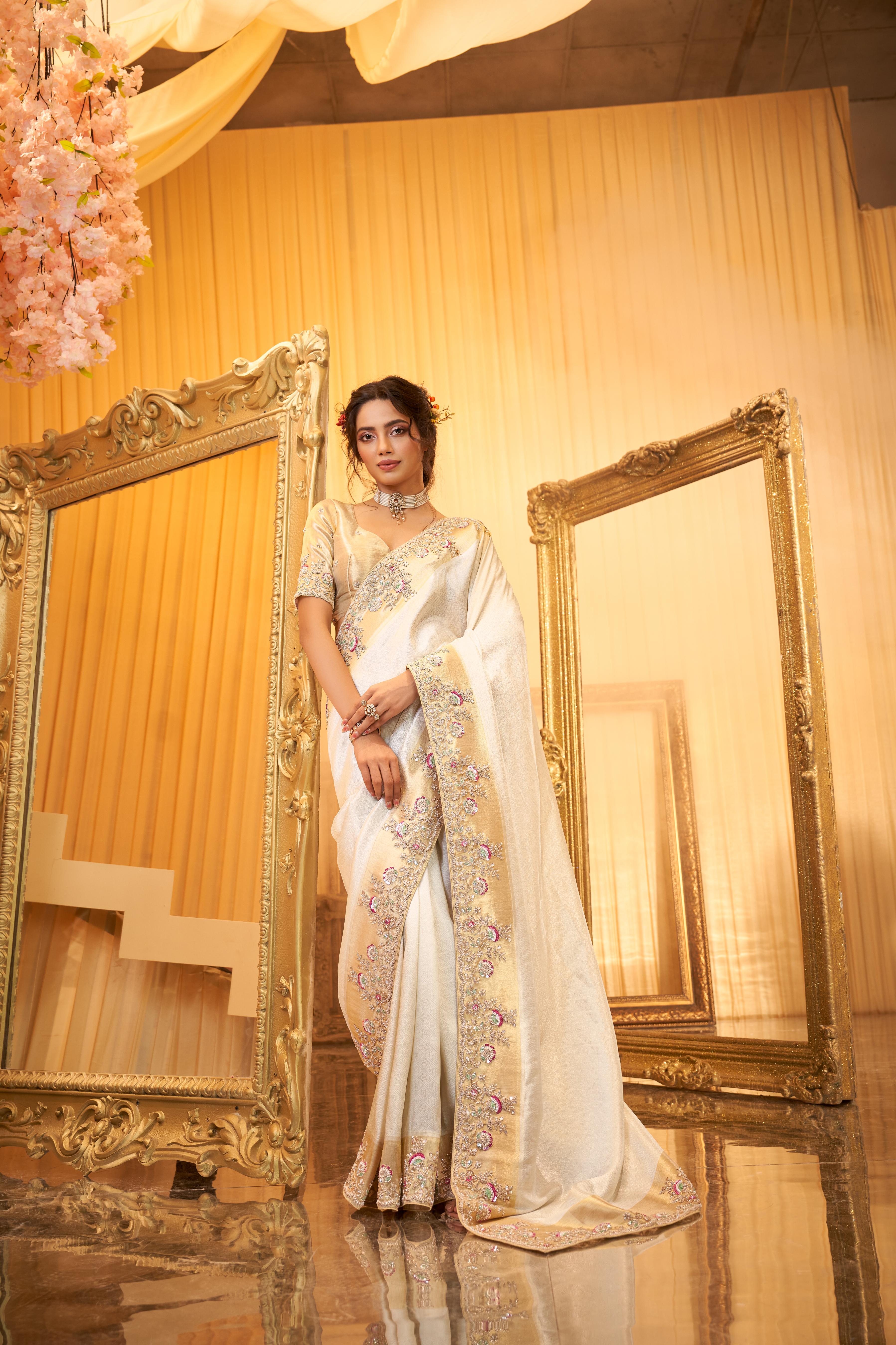 Classic White Embellished Dola Silk Saree