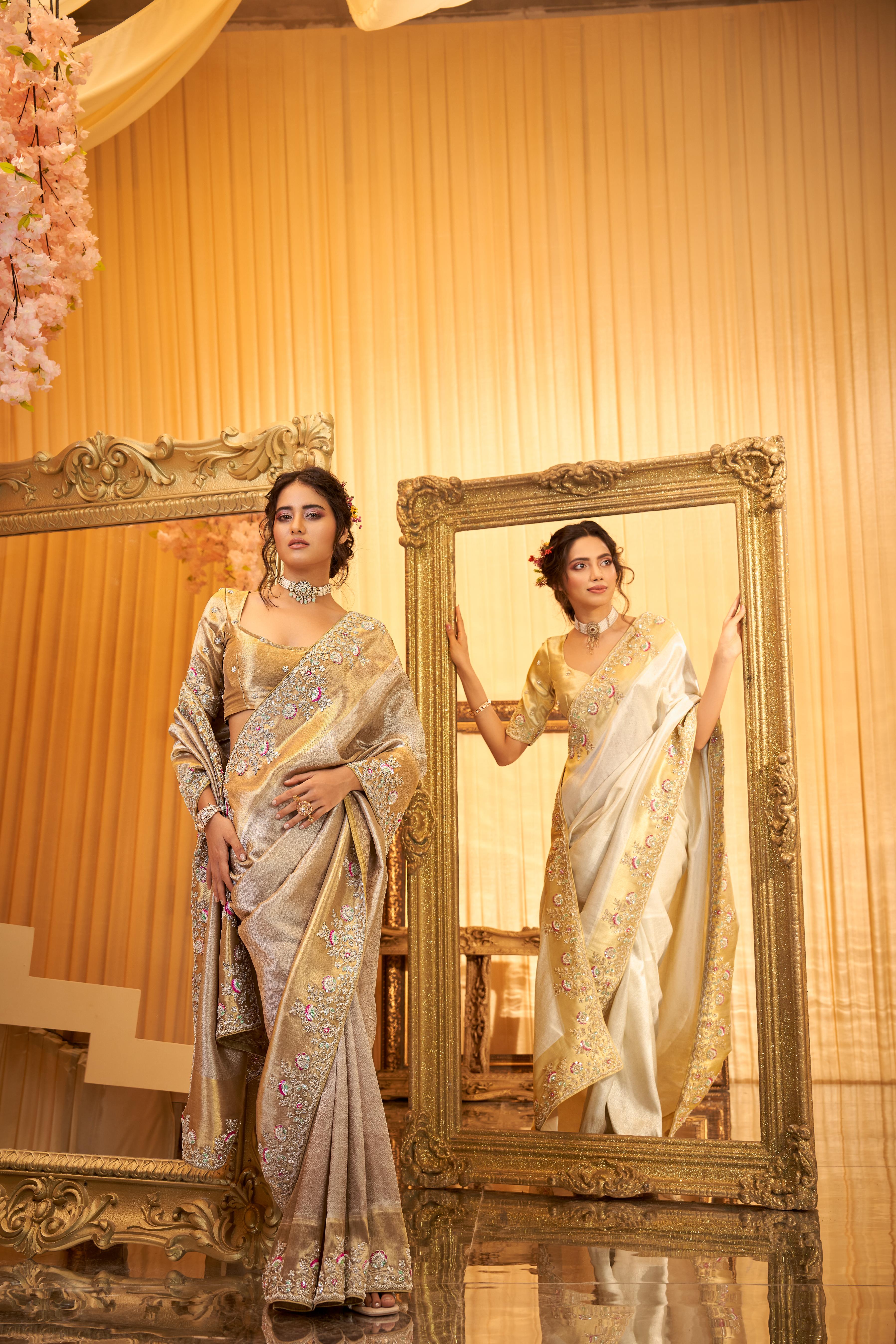 Classic White Embellished Dola Silk Saree