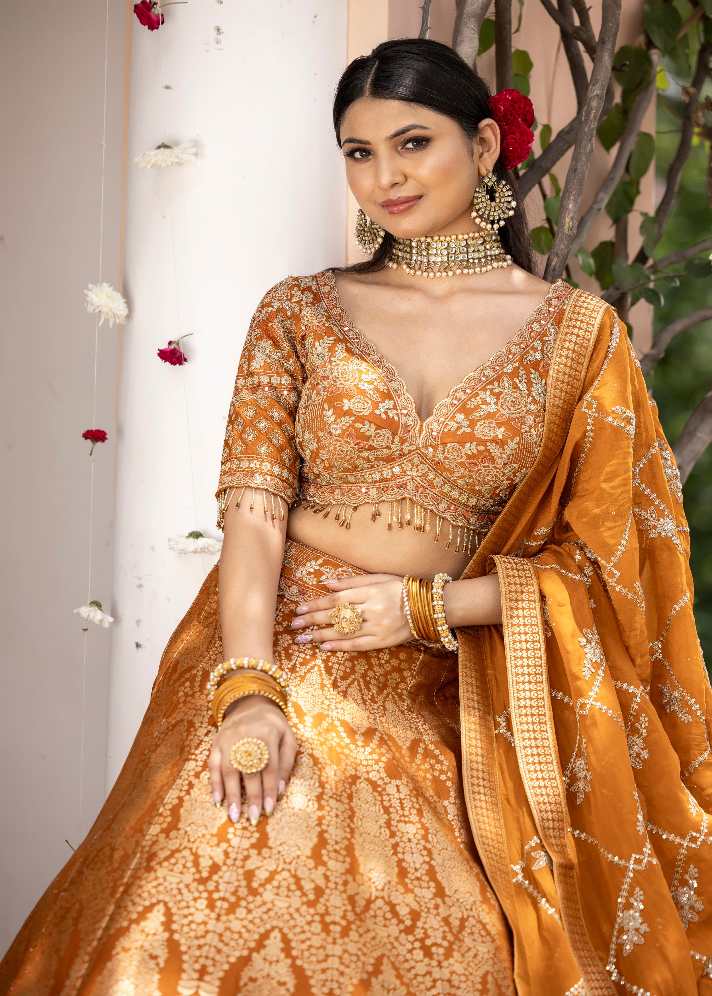 Rust Orange Embellished Banarasi Silk Lehenga Set