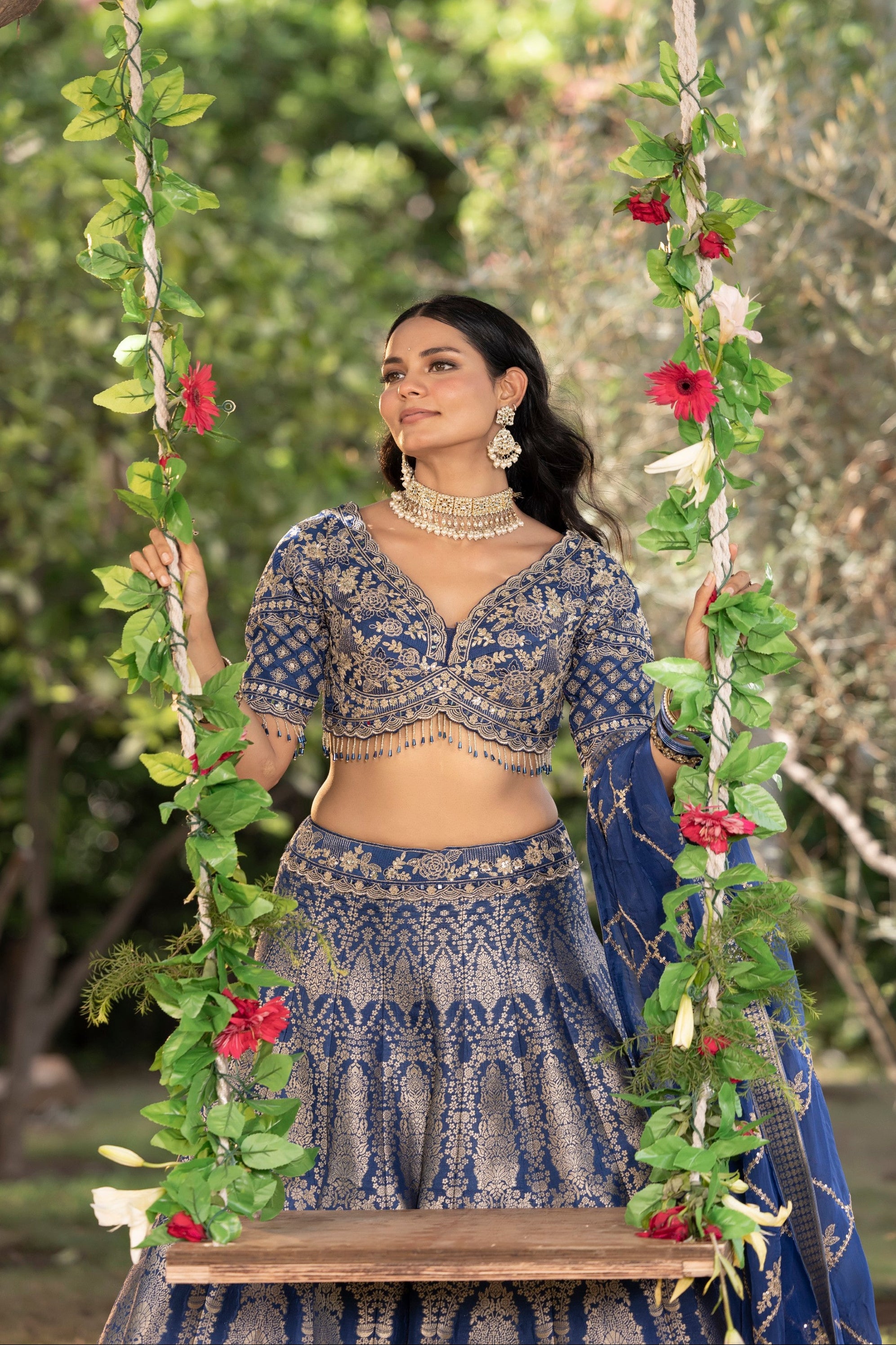 Royal Blue Embellished Banarasi Silk Lehenga Set