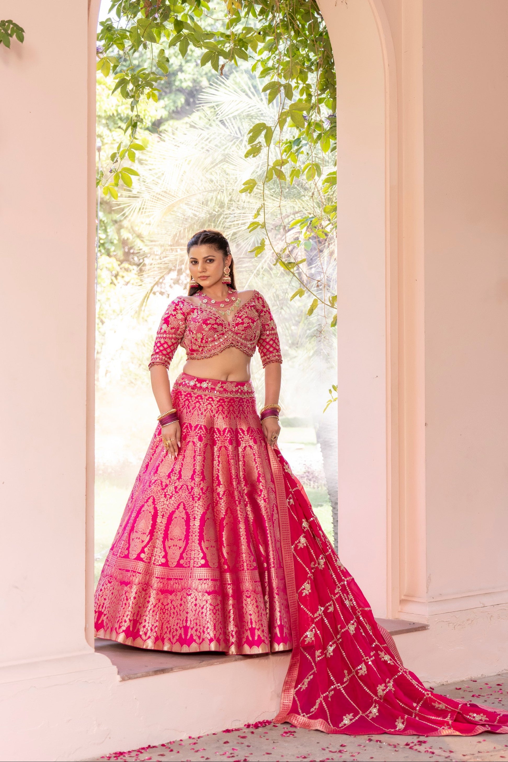 Rani Pink Embellished Banarasi Silk Lehenga Set