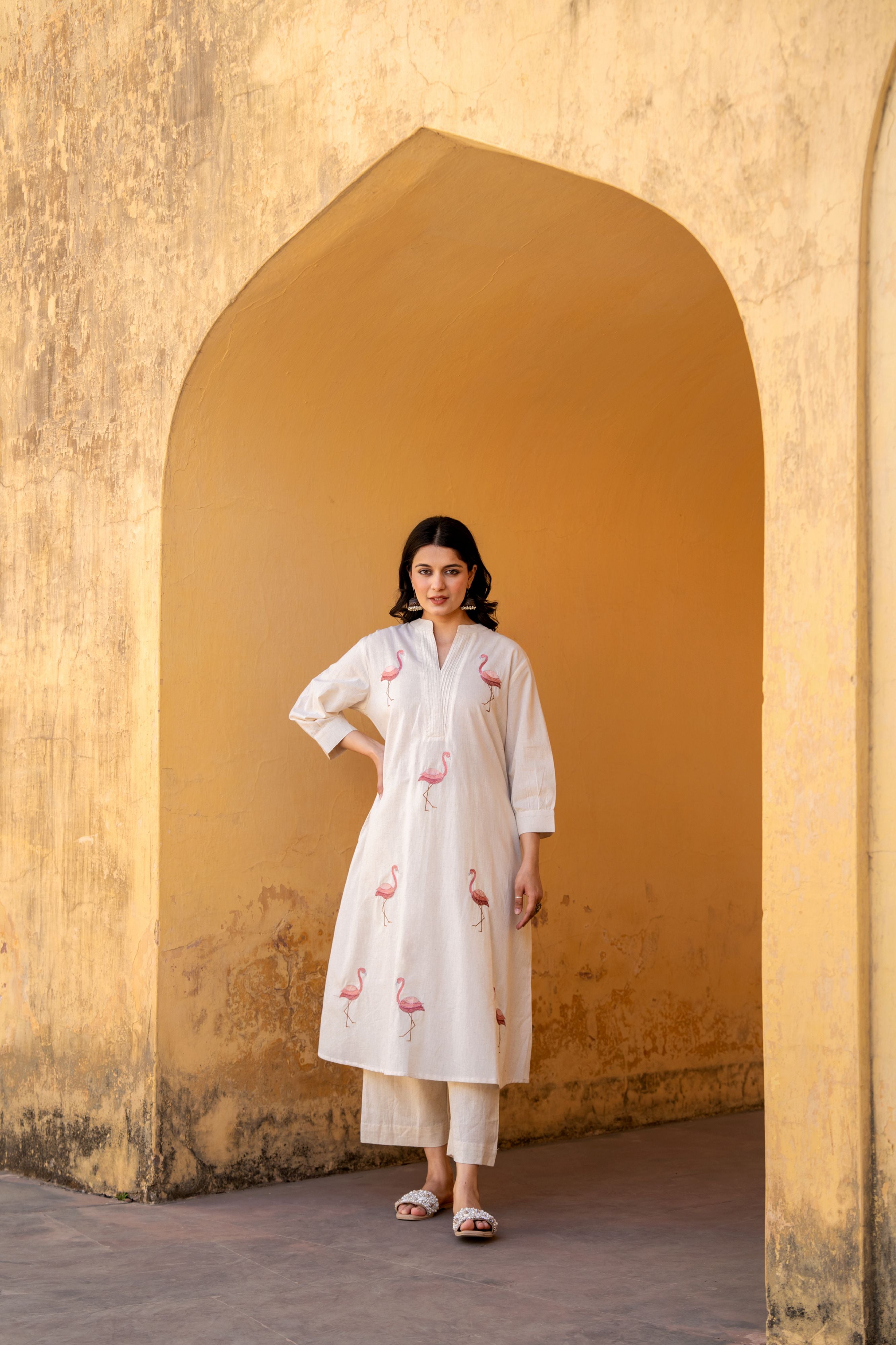 Pink Flamingo Embroidered Kurta & Pants Set