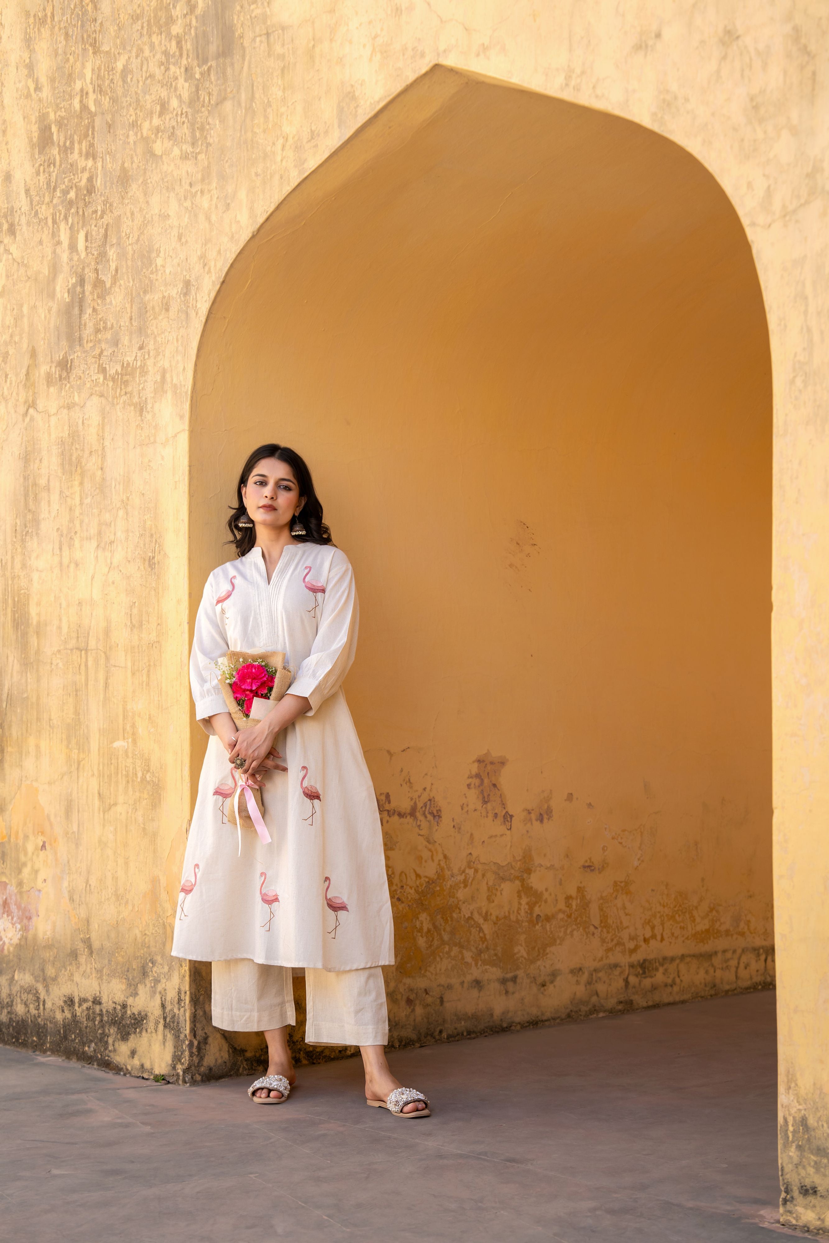 Pink Flamingo Embroidered Kurta & Pants Set