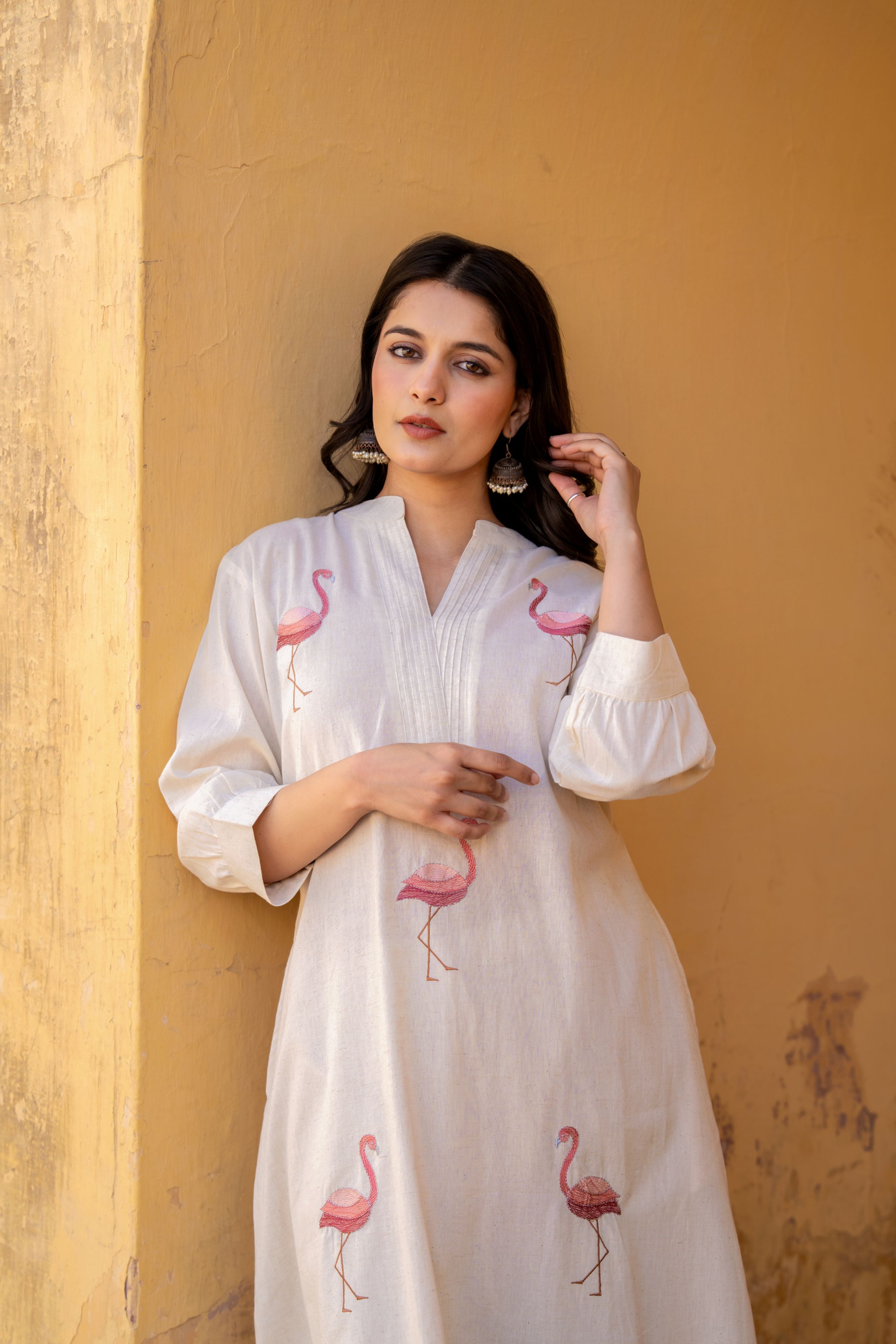 Pink Flamingo Embroidered Kurta & Pants Set