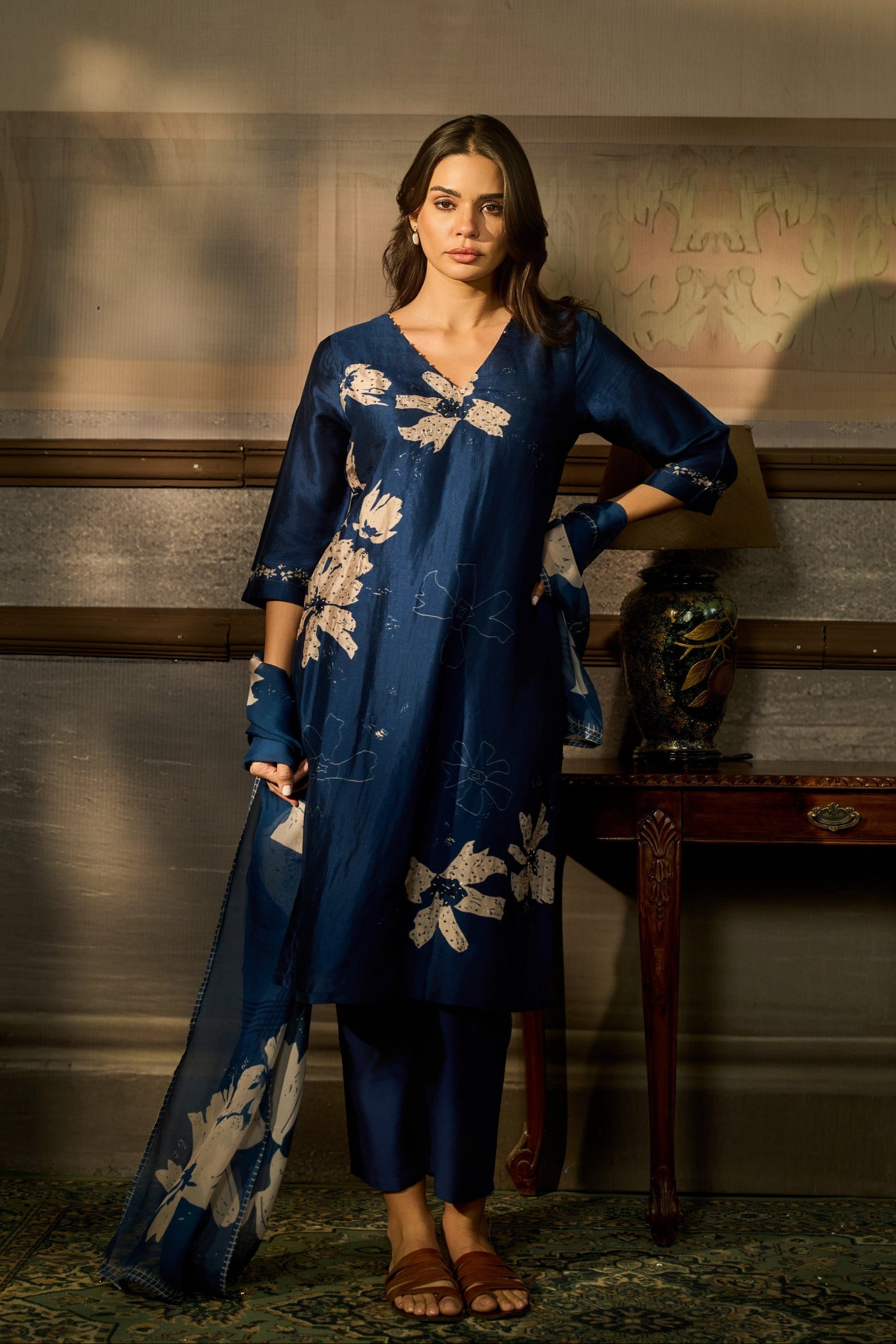 Navy Blue Printed Premium Silk Pant Set