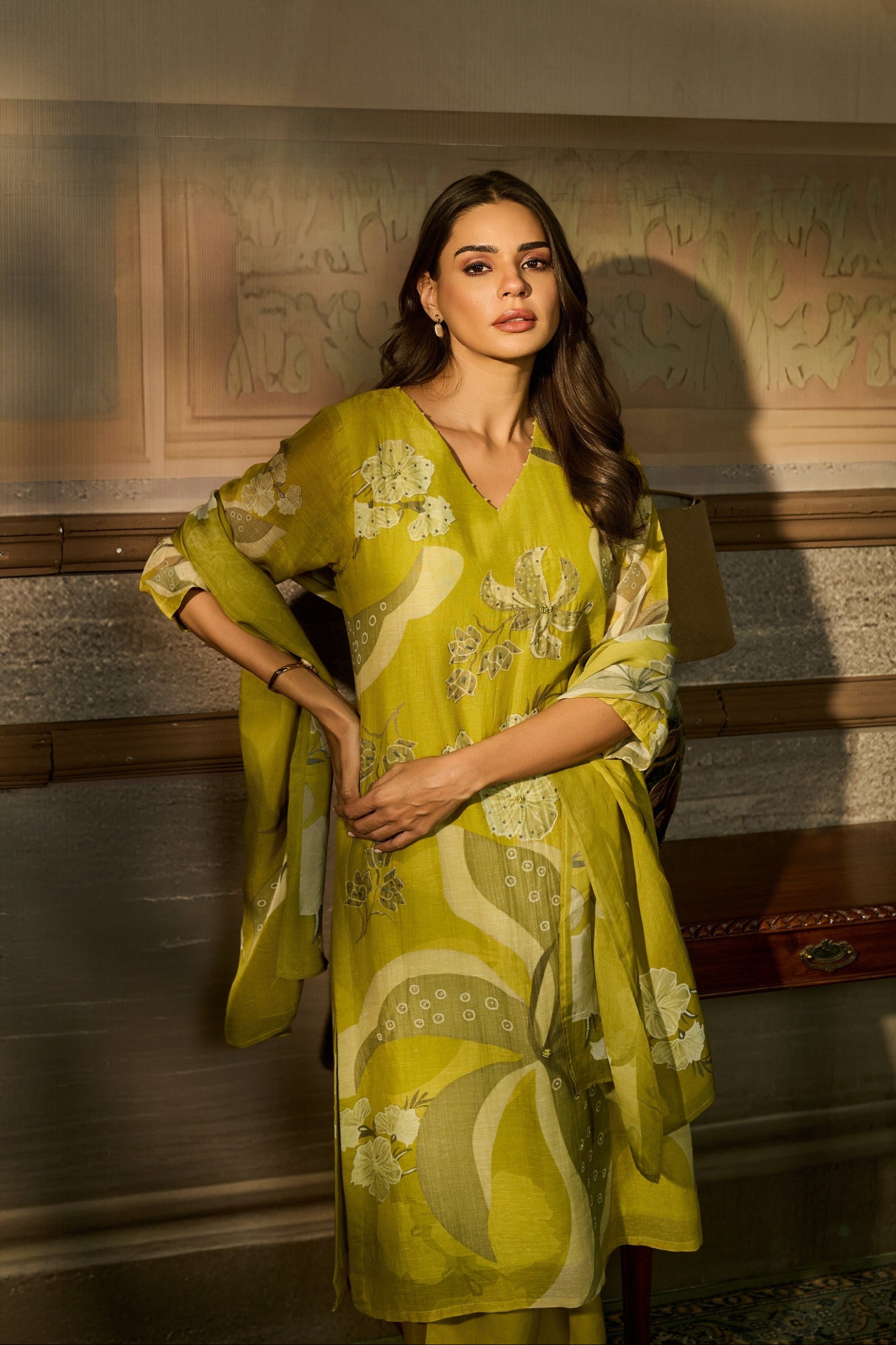 Chartreuse Green Embellished Linen Pant Set